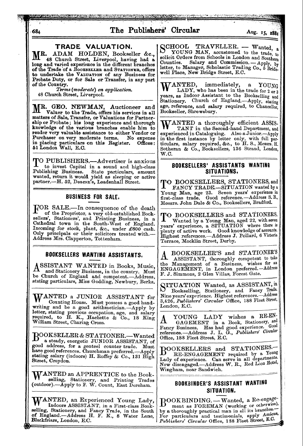 Publishers’ Circular (1880-1890): jS F Y, 1st edition - Ad06822