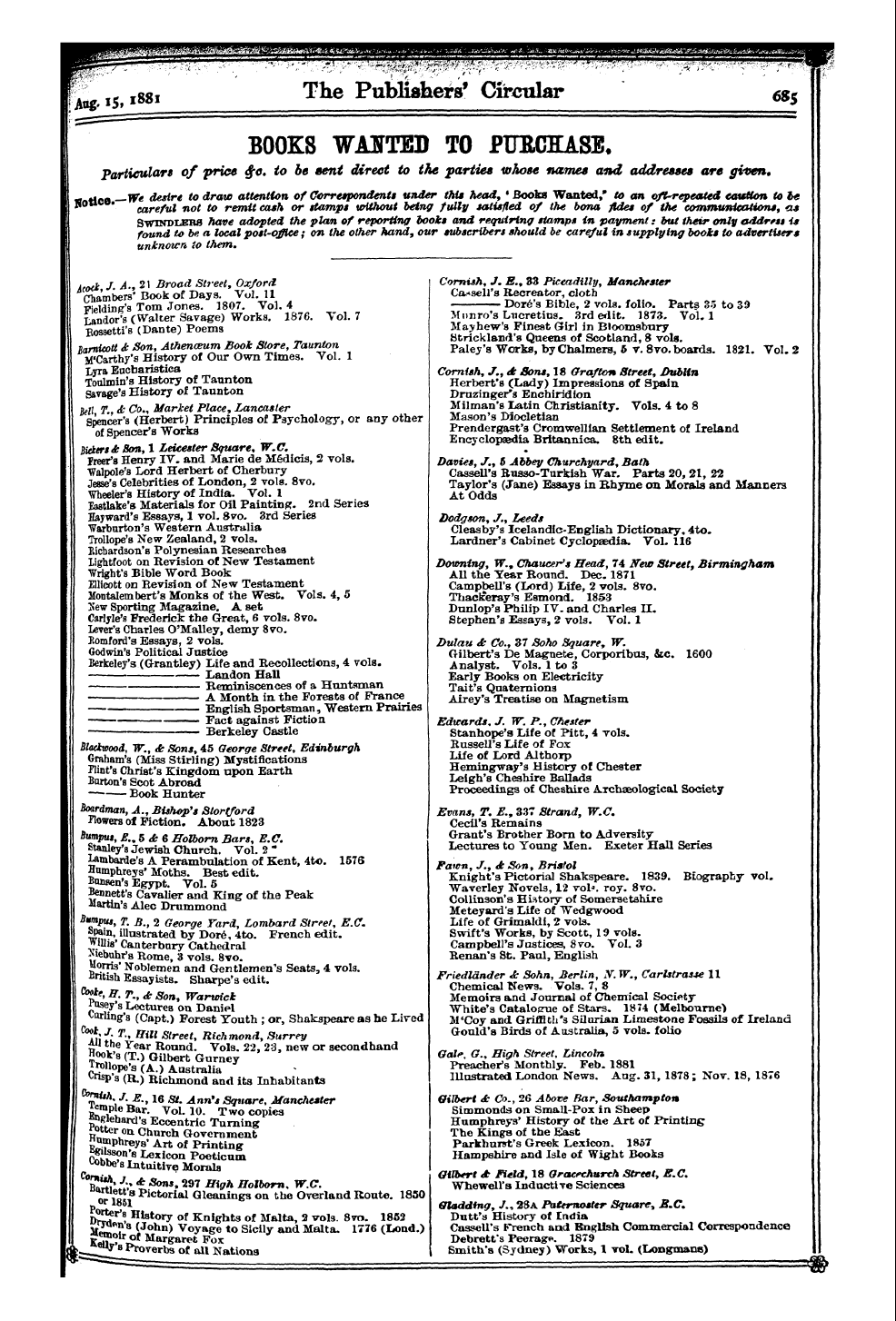 Publishers’ Circular (1880-1890): jS F Y, 1st edition: 69