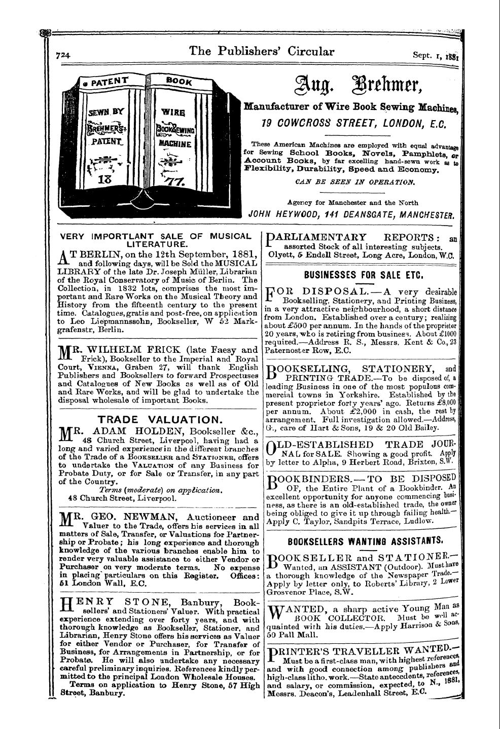 Publishers’ Circular (1880-1890): jS F Y, 1st edition - Ad03609