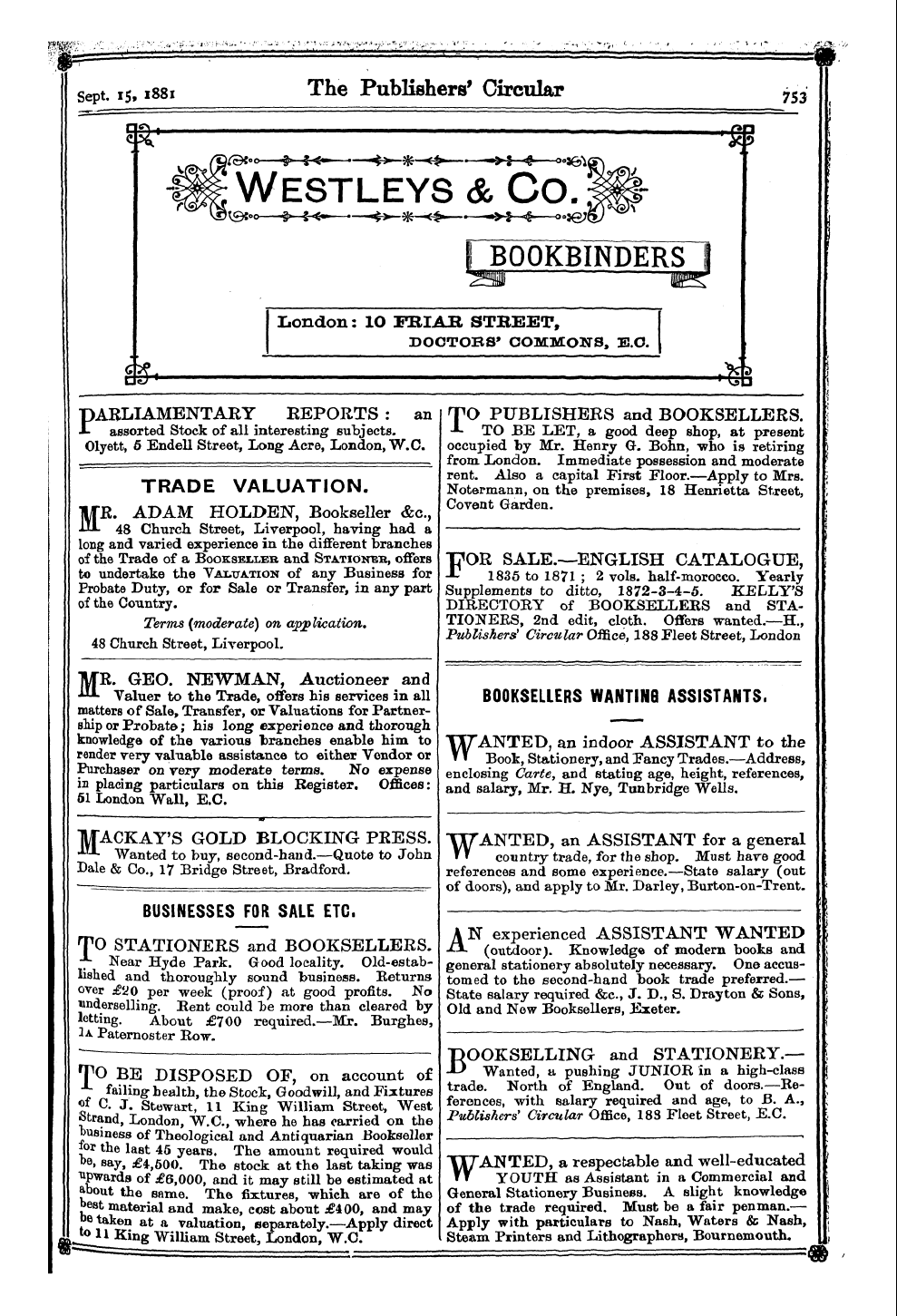 Publishers’ Circular (1880-1890): jS F Y, 1st edition - Ad02509