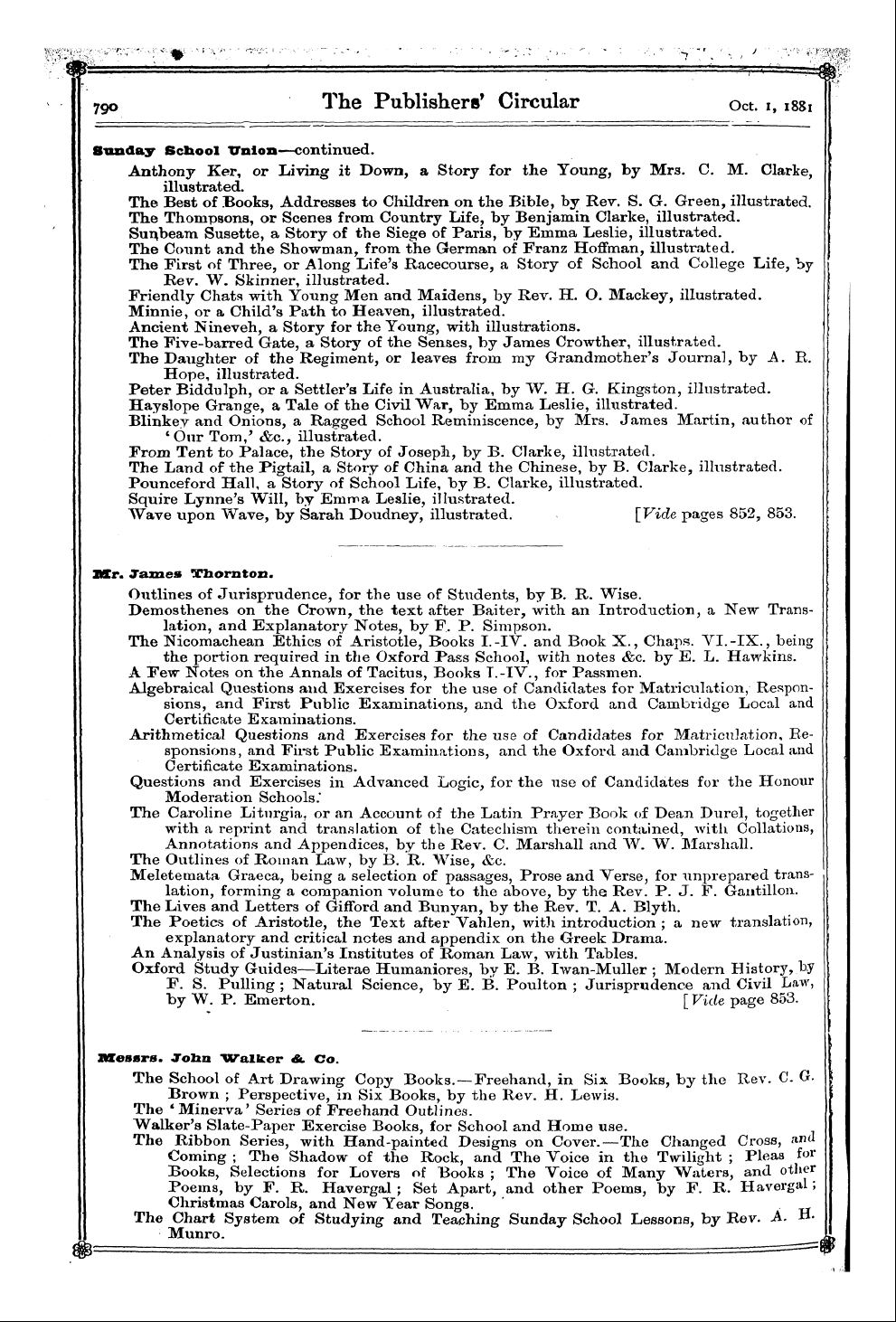 Publishers’ Circular (1880-1890): jS F Y, 1st edition - Bcr. James Thornton.