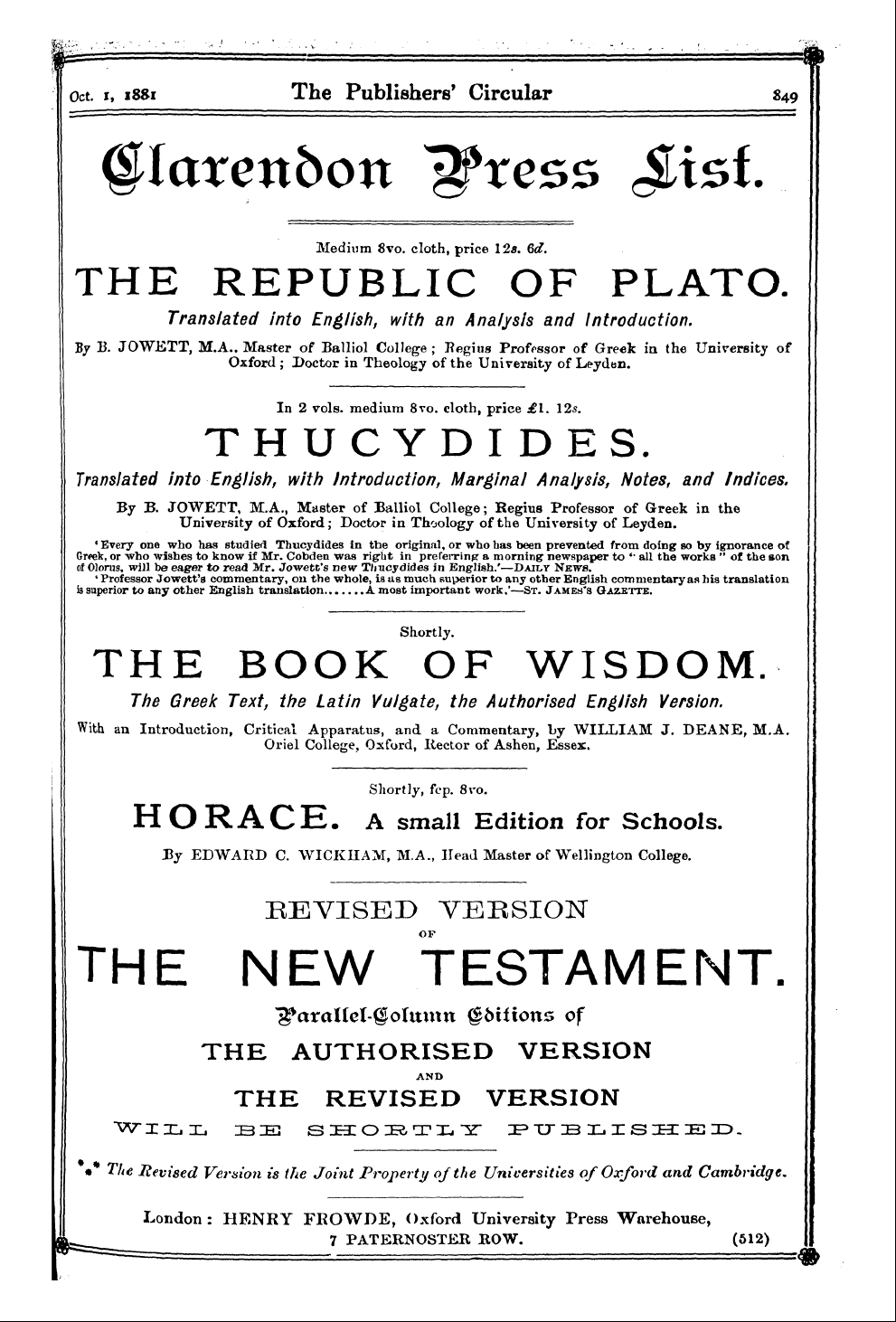 Publishers’ Circular (1880-1890): jS F Y, 1st edition - Ad08901