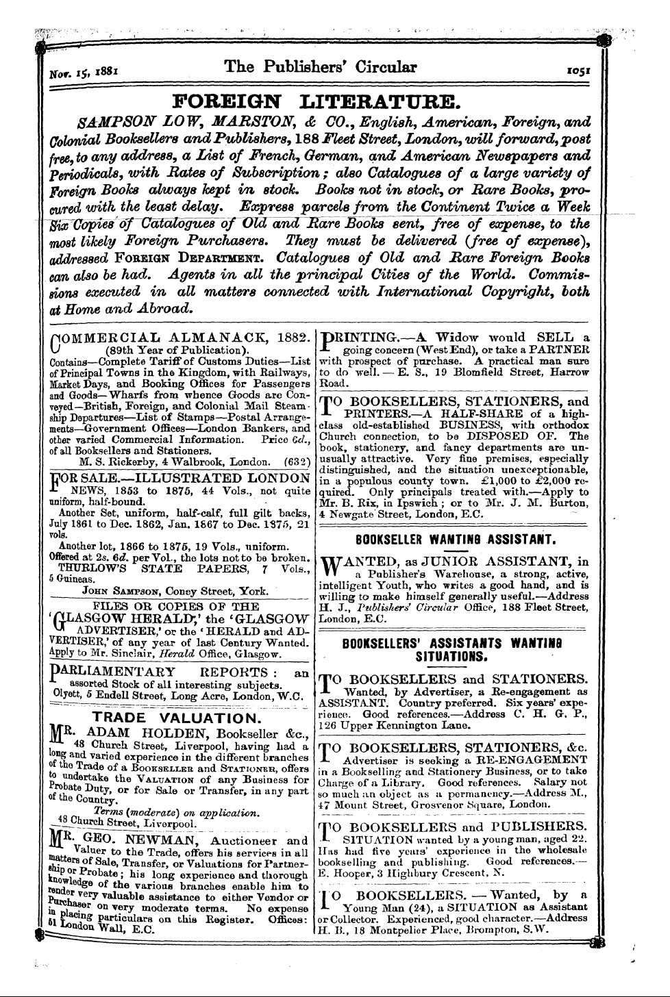 Publishers’ Circular (1880-1890): jS F Y, 1st edition - Ad03509