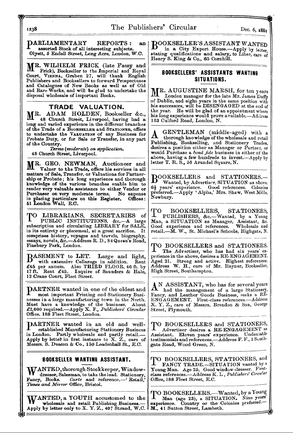 Publishers’ Circular (1880-1890): jS F Y, 1st edition - To Librarians, Secretaries Of L Public Institutions, &C—A Large