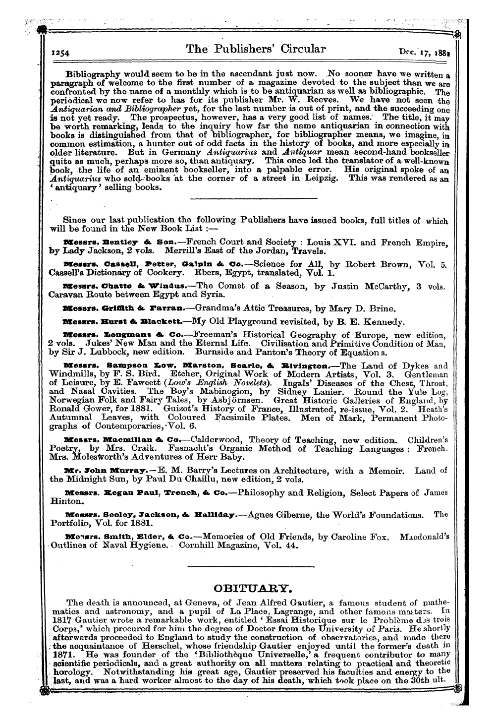 Publishers’ Circular (1880-1890): jS F Y, 1st edition - Obittjarx.