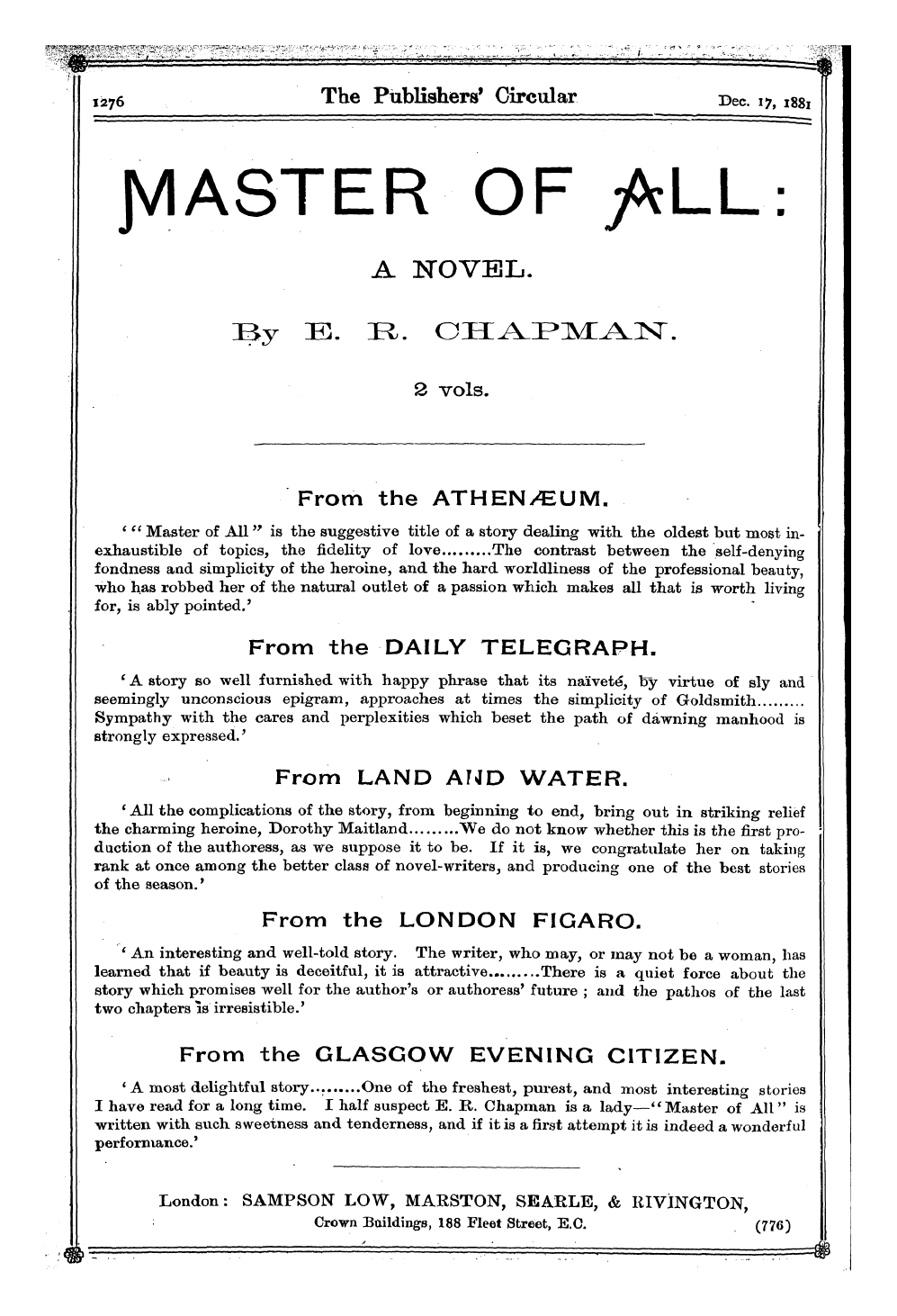 Publishers’ Circular (1880-1890): jS F Y, 1st edition: 30