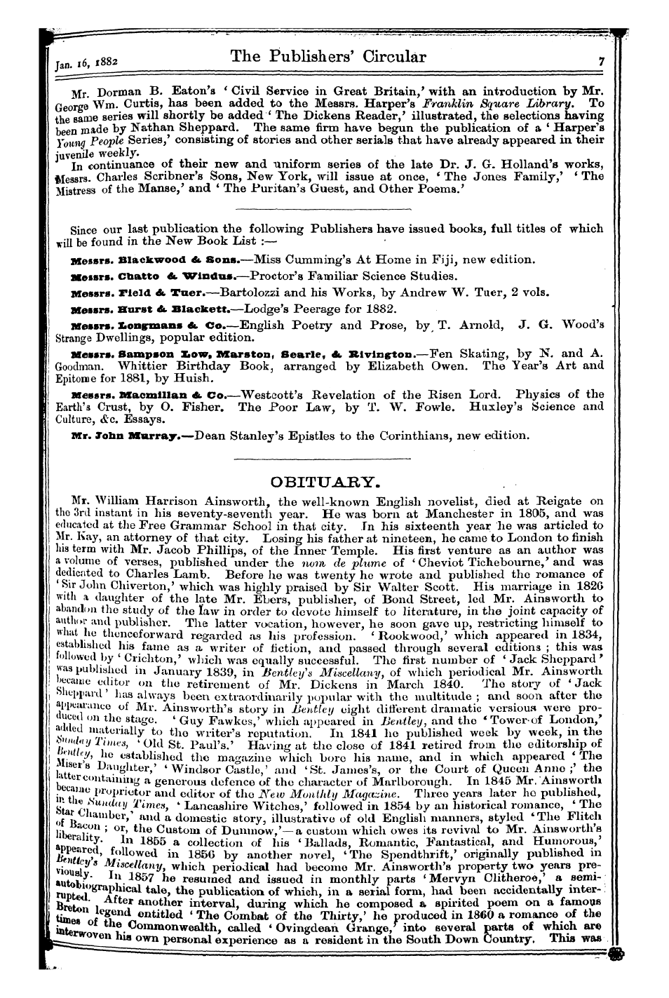 Publishers’ Circular (1880-1890): jS F Y, 1st edition - I Ran I6f 1882 The Publishers' Circular ...