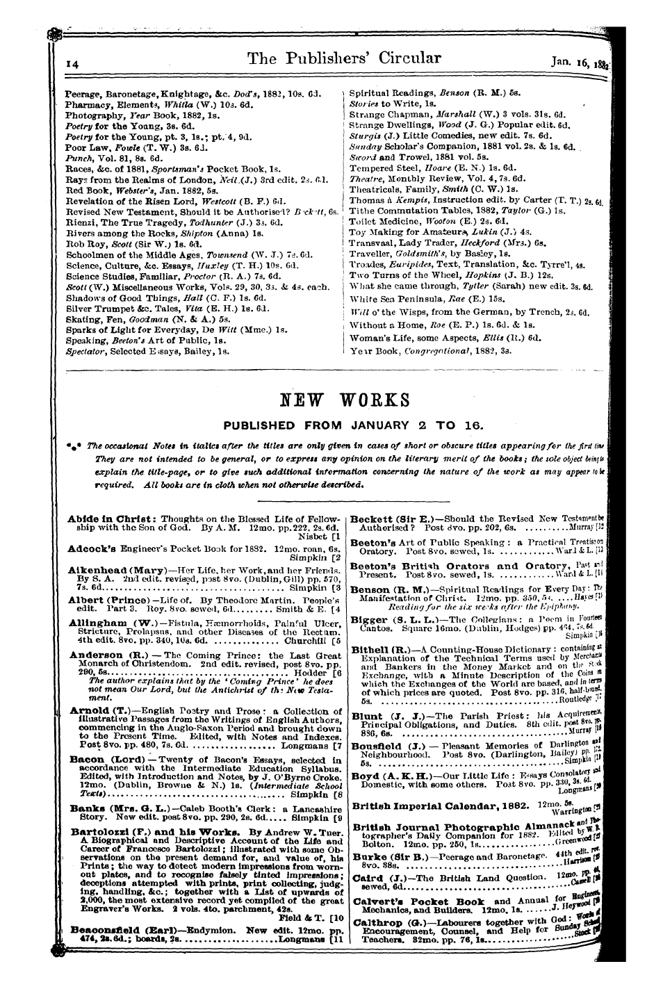 Publishers’ Circular (1880-1890): jS F Y, 1st edition - 4 %* ?7te Occasional Note* In Italic* Af...