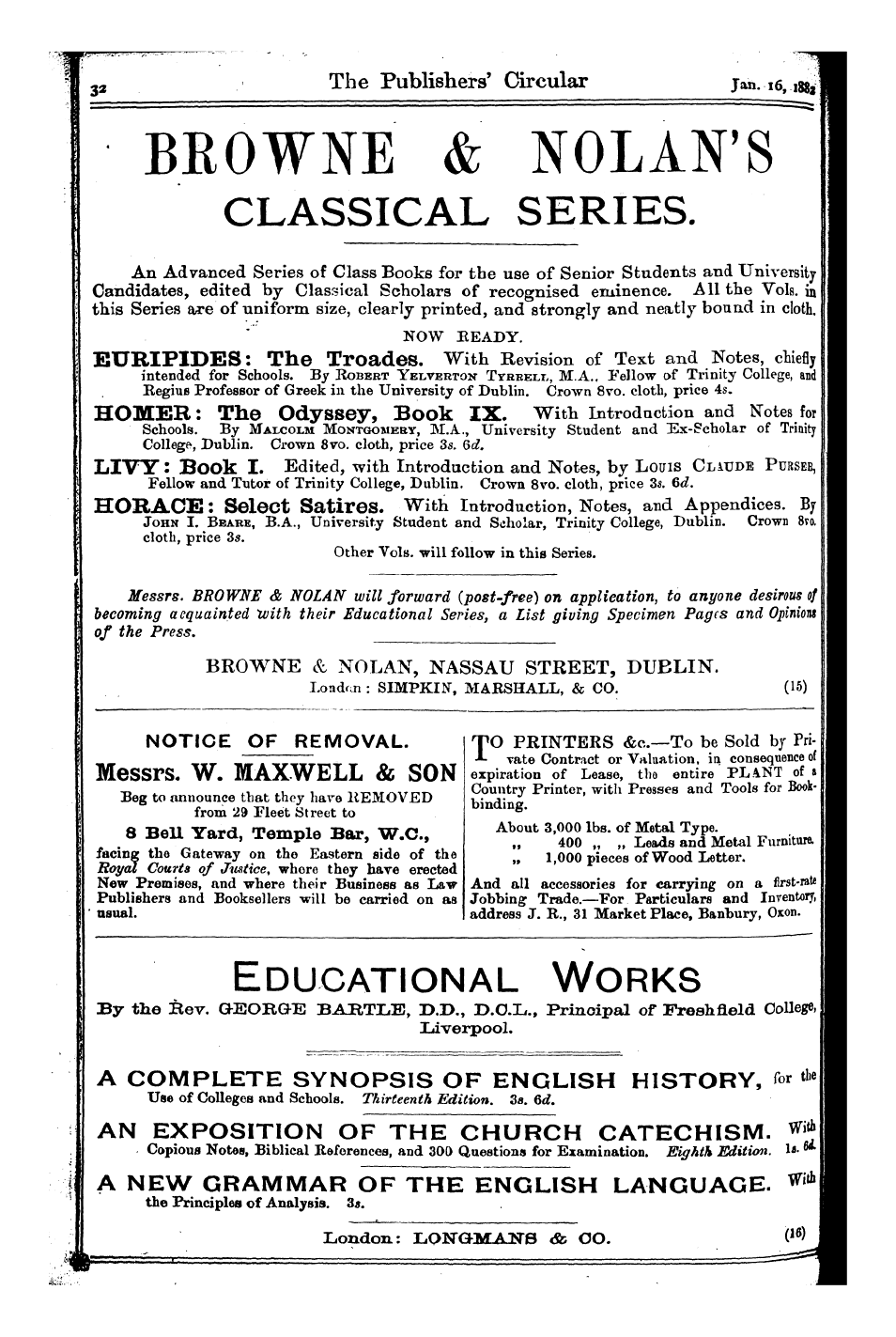 Publishers’ Circular (1880-1890): jS F Y, 1st edition - Ad03201