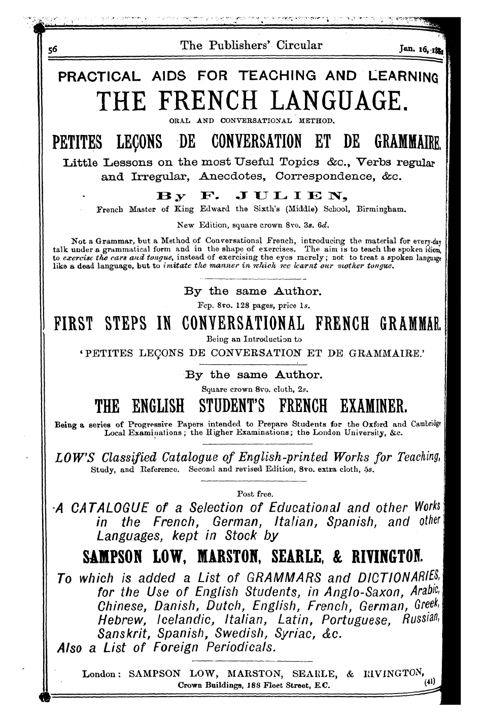 Publishers’ Circular (1880-1890): jS F Y, 1st edition - Ad05601