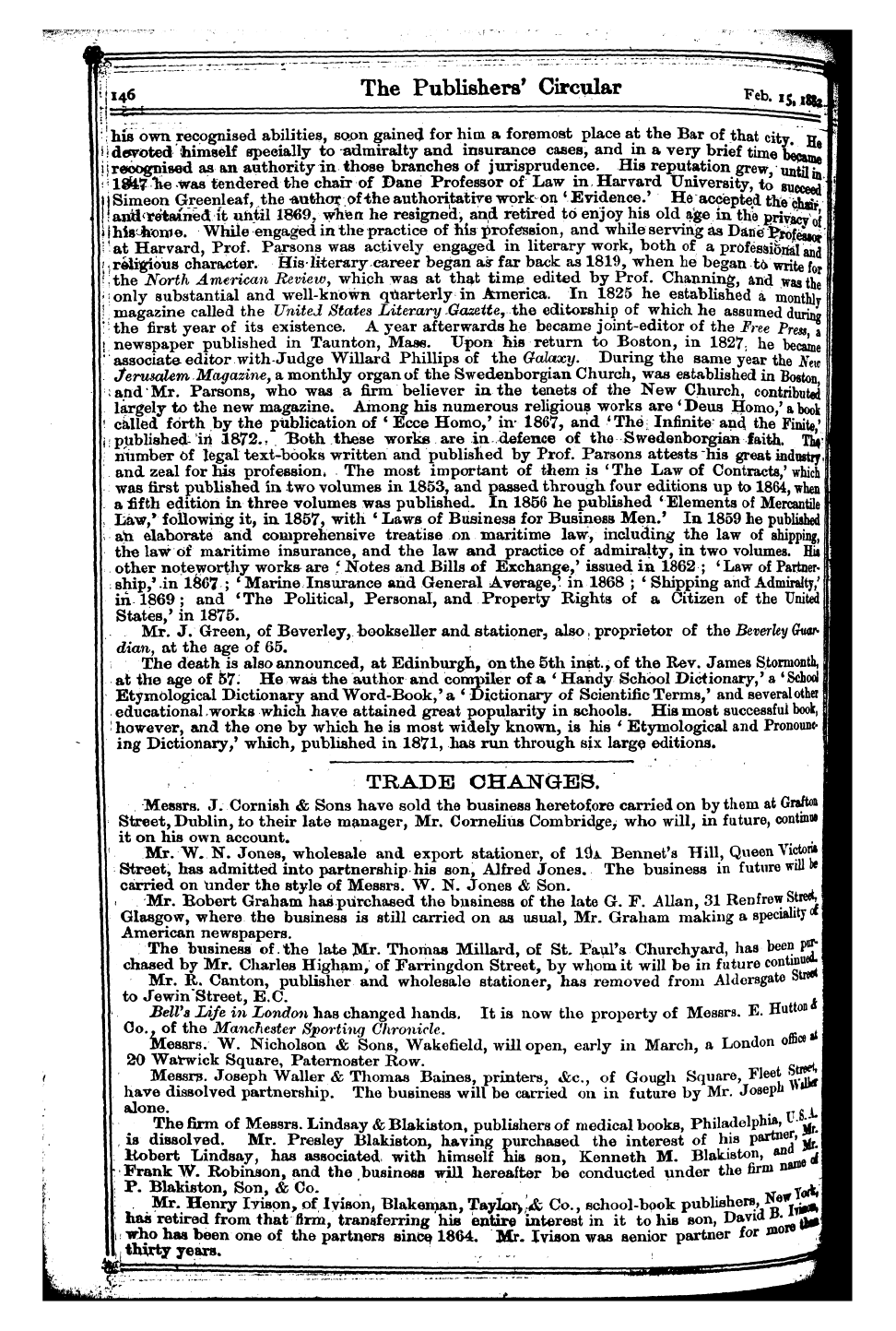 Publishers’ Circular (1880-1890): jS F Y, 1st edition - Trade Changes. 1 Street Sttr« Messrs E+....