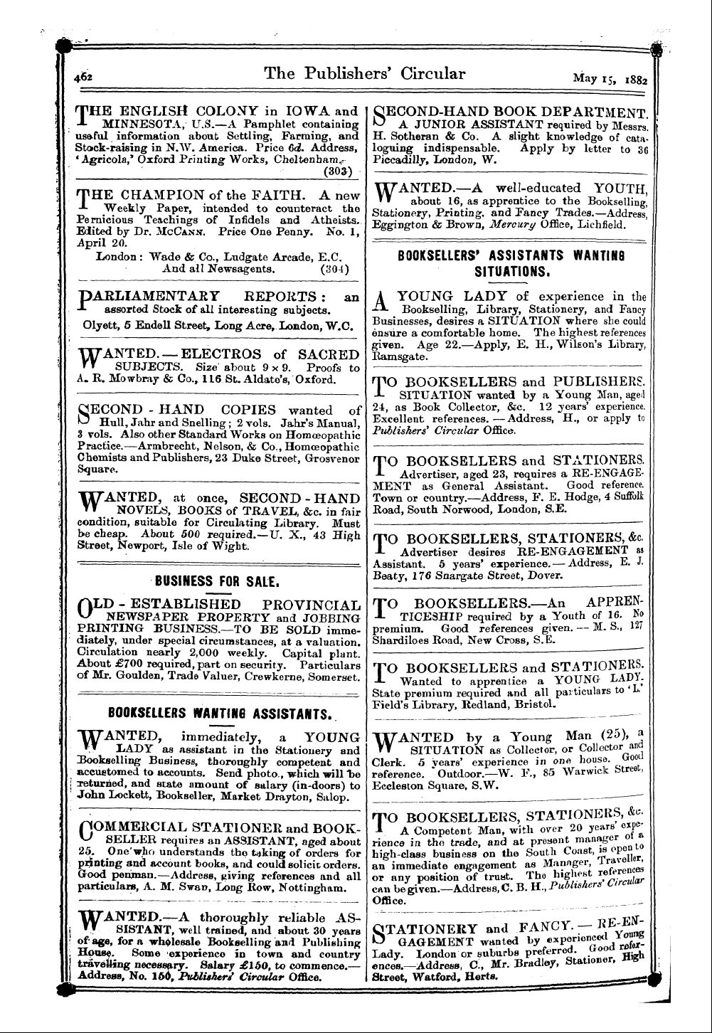 Publishers’ Circular (1880-1890): jS F Y, 1st edition - Ad03421