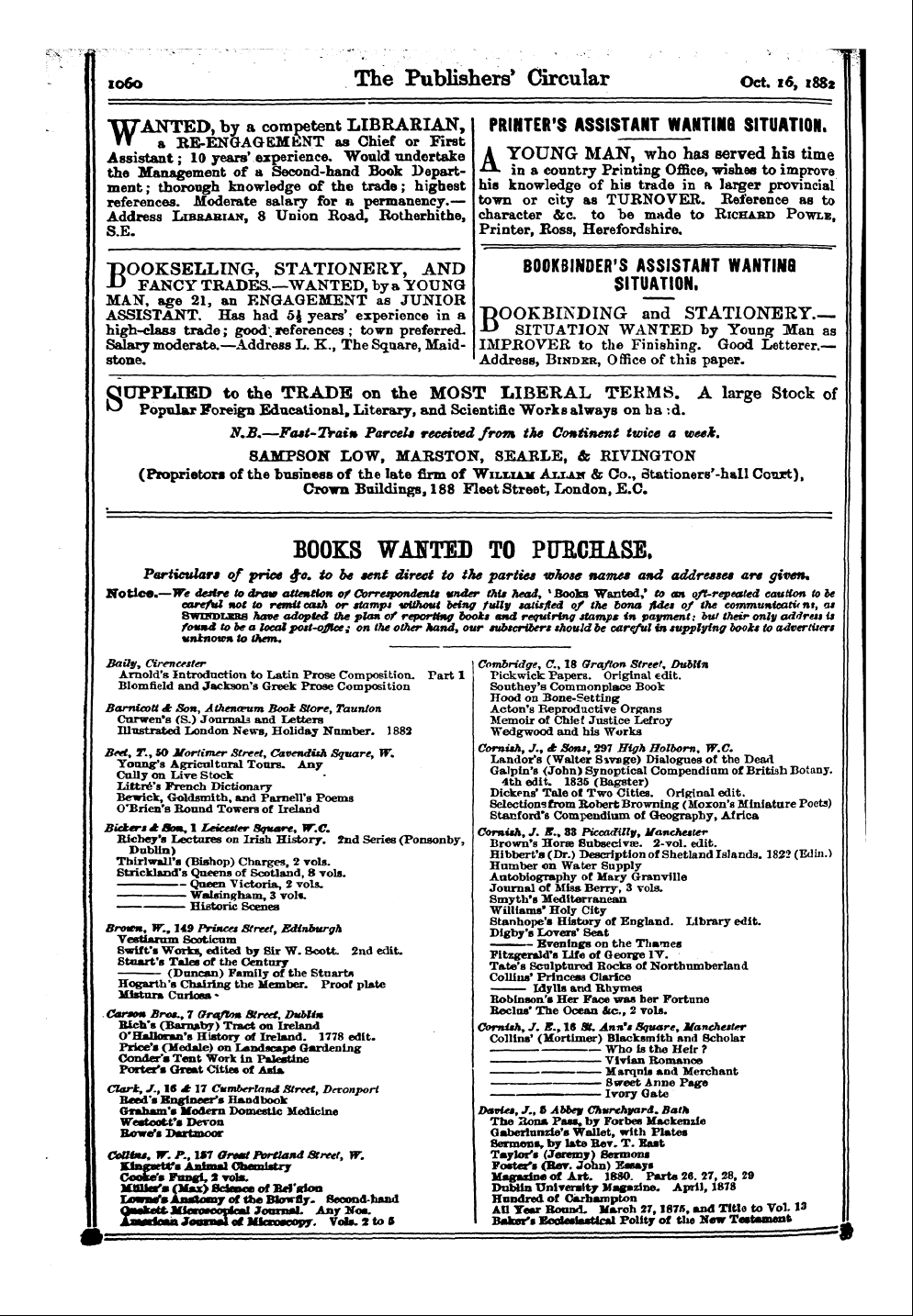 Publishers’ Circular (1880-1890): jS F Y, 1st edition - Printer's Assistant Wahtih9 Situation.