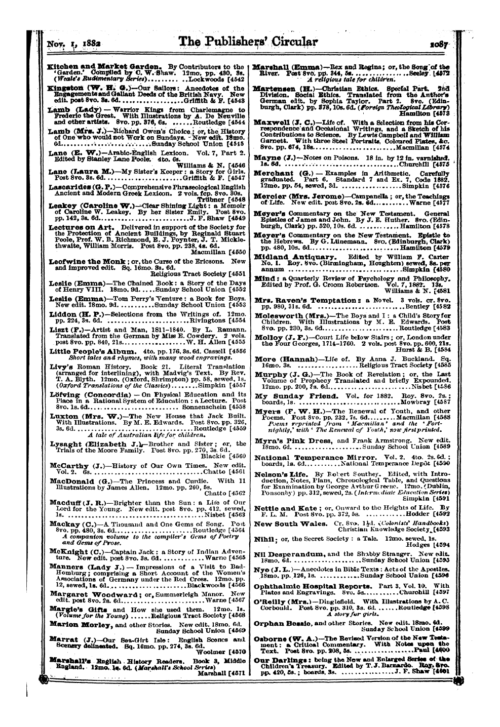 Publishers’ Circular (1880-1890): jS F Y, 1st edition - Across G G. . Bowers Bowers Country . . ...