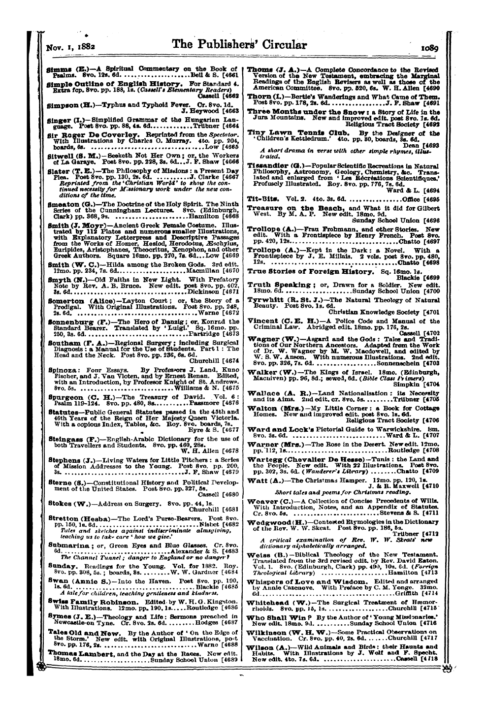 Publishers’ Circular (1880-1890): jS F Y, 1st edition - Across G G. . Bowers Bowers Country . . ...