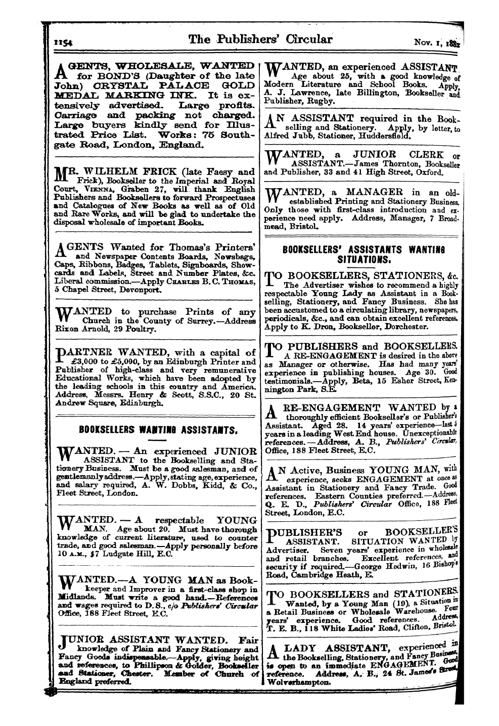 Publishers’ Circular (1880-1890): jS F Y, 1st edition - Ad09022