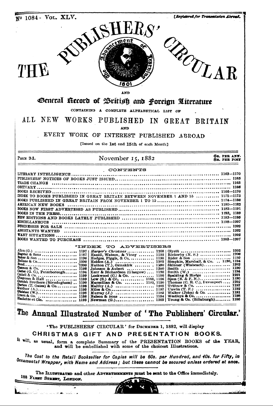 Publishers’ Circular (1880-1890): jS F Y, 1st edition - Literary Intelligence 1162—1170 Publishe...