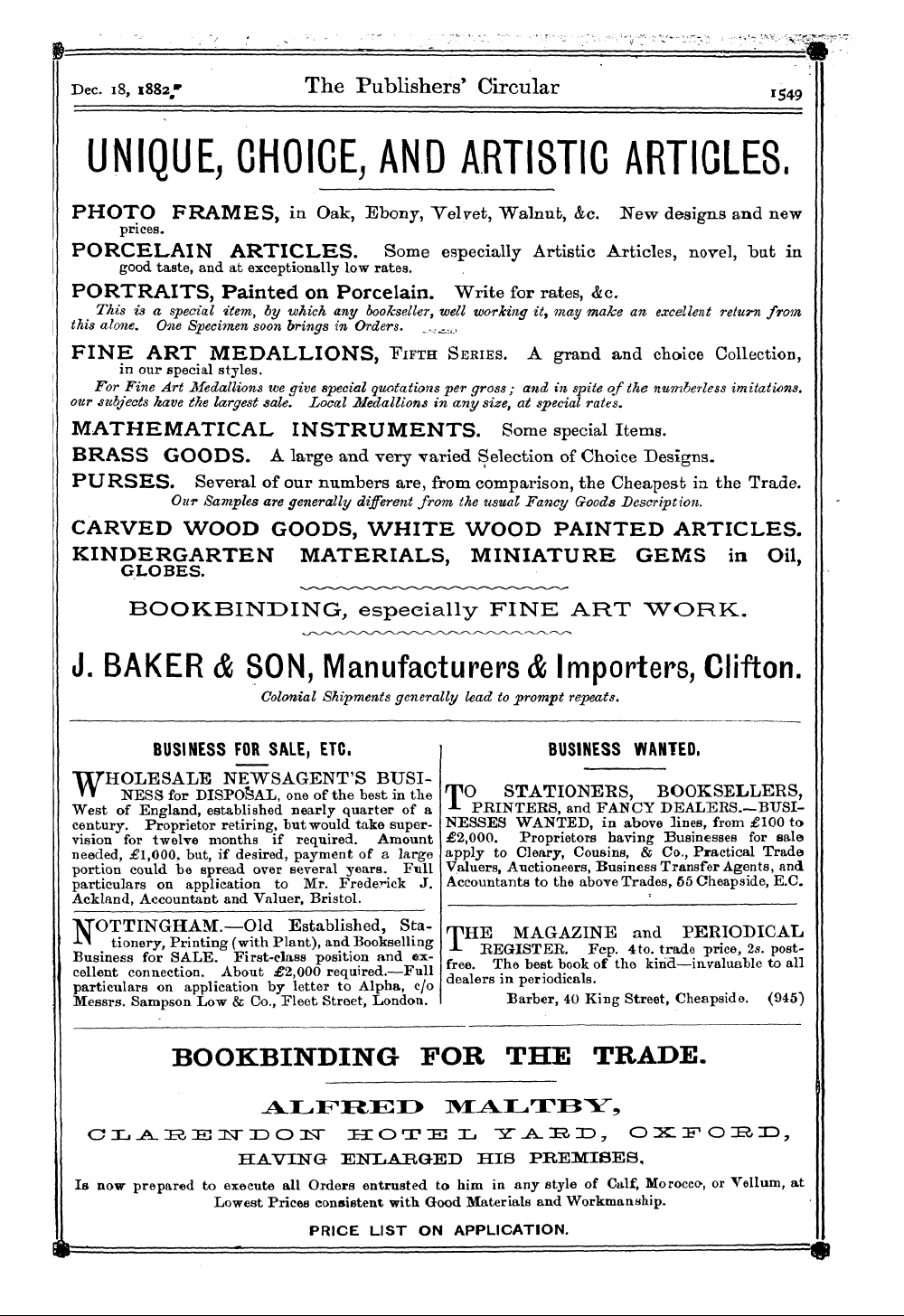 Publishers’ Circular (1880-1890): jS F Y, 1st edition - Business Wanted.