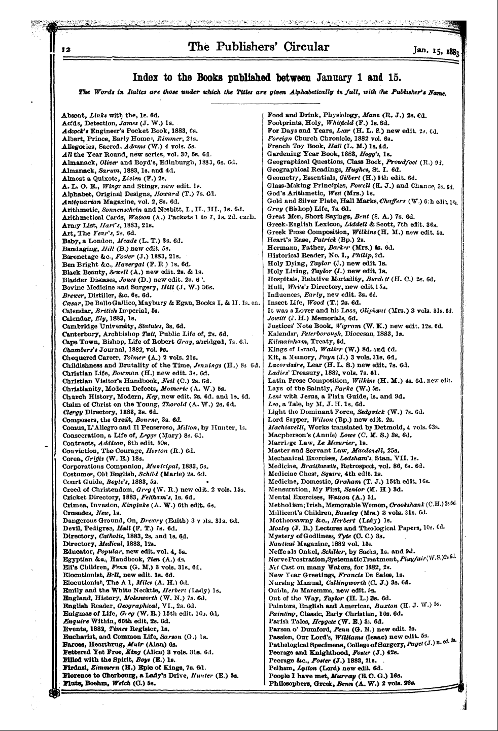 Publishers’ Circular (1880-1890): jS F Y, 1st edition - Index To The Books Published Between January 1 And 15. The Words In Italics Are Those Under Which The Titles Are Given Alphabetically In Full, With The Publisher's Name.