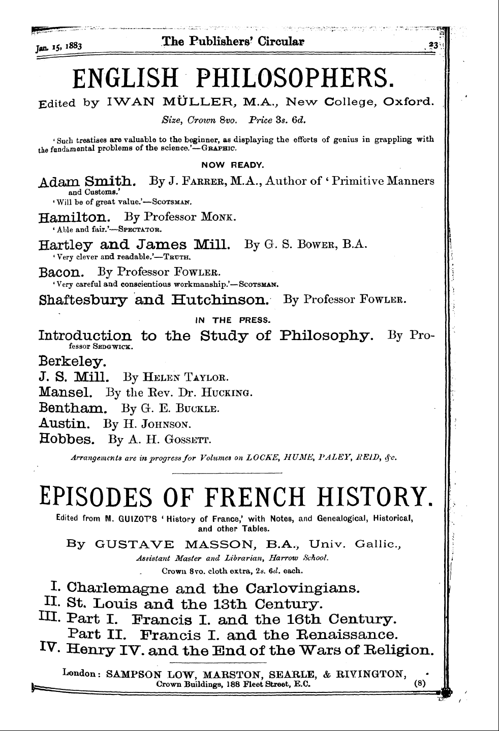 Publishers’ Circular (1880-1890): jS F Y, 1st edition - Ad02301