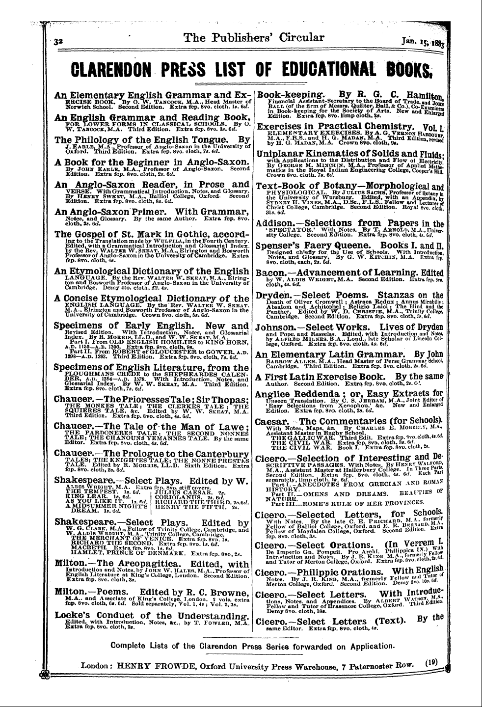 Publishers’ Circular (1880-1890): jS F Y, 1st edition - Ad03201