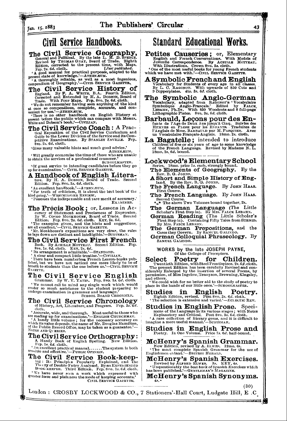 Publishers’ Circular (1880-1890): jS F Y, 1st edition: 43