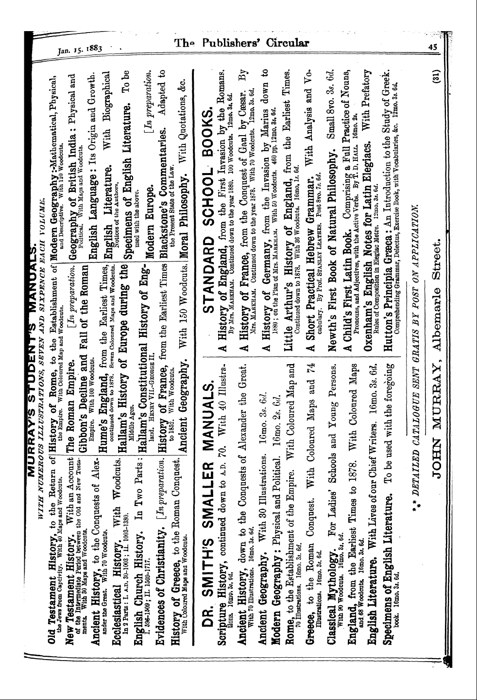 Publishers’ Circular (1880-1890): jS F Y, 1st edition - Ad04501