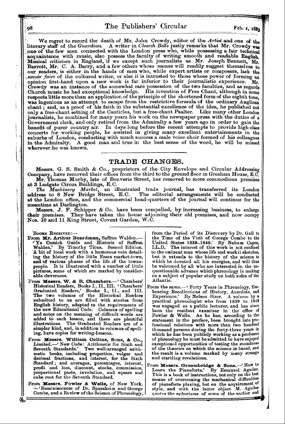 Publishers’ Circular (1880-1890): jS F Y, 1st edition - Books Received:— From Mr, Arthur Boardma...