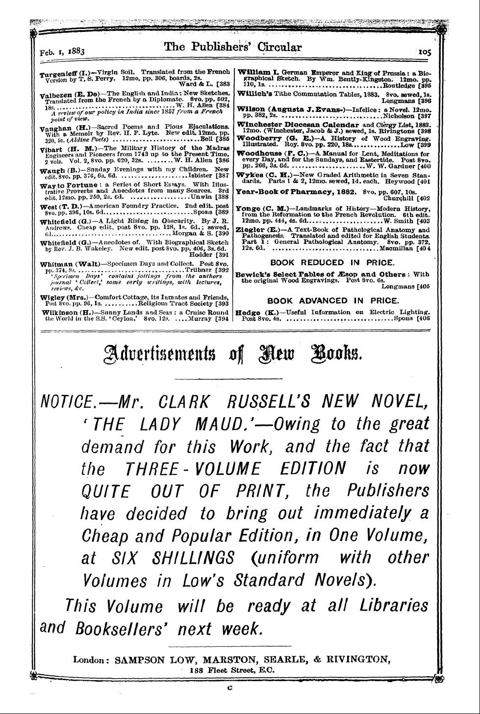 Publishers’ Circular (1880-1890): jS F Y, 1st edition - Ad01703