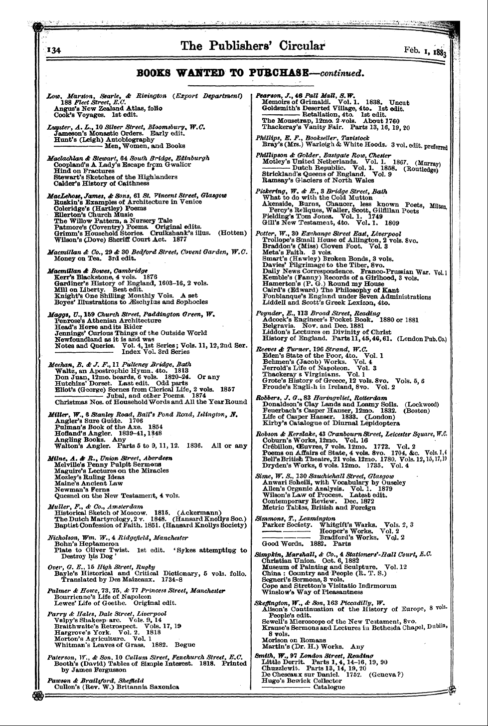 Publishers’ Circular (1880-1890): jS F Y, 1st edition - Books Wanted To Pttbchask—Continued.