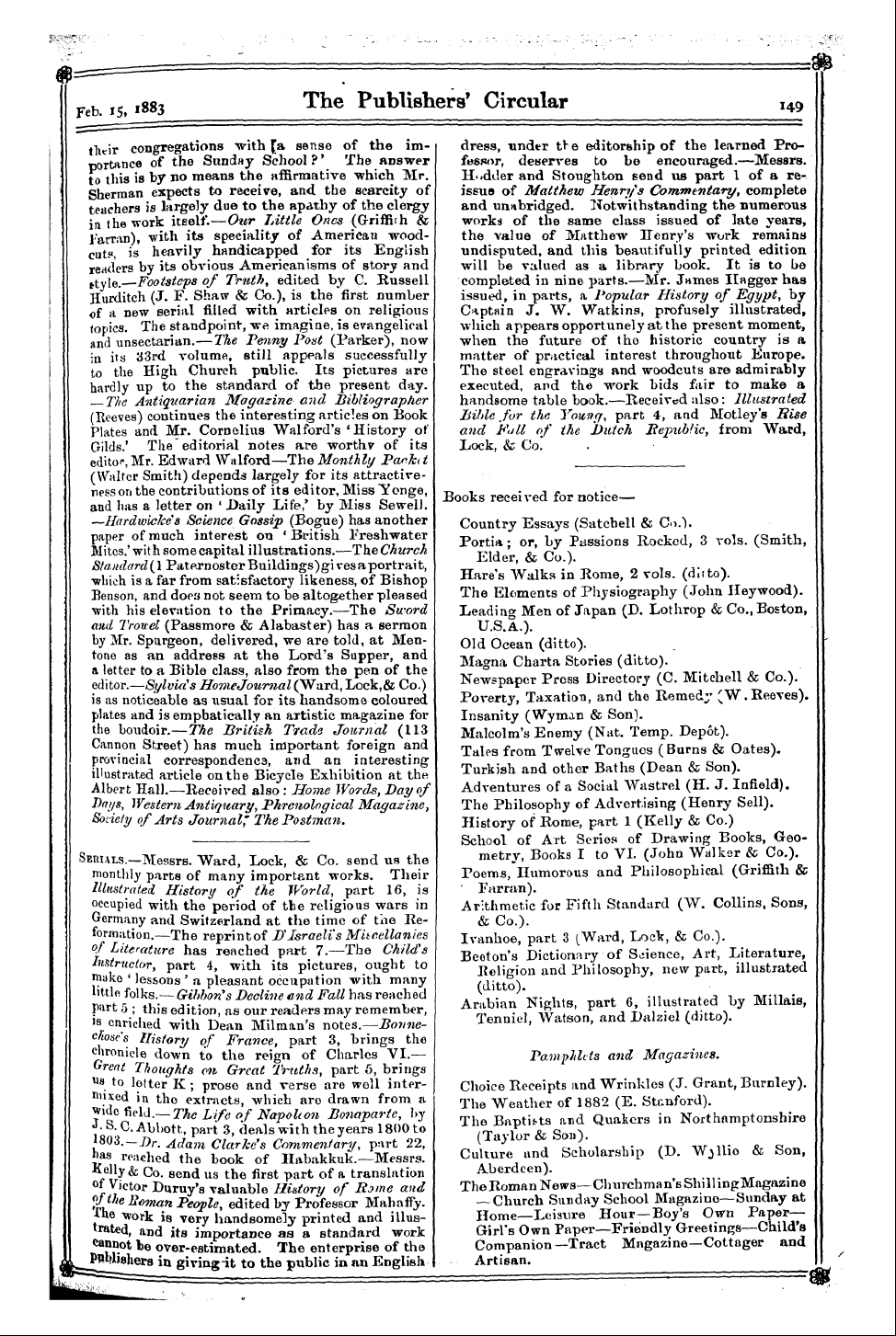 Publishers’ Circular (1880-1890): jS F Y, 1st edition - J Feb 15,1883 The Publishers' Circular 1...