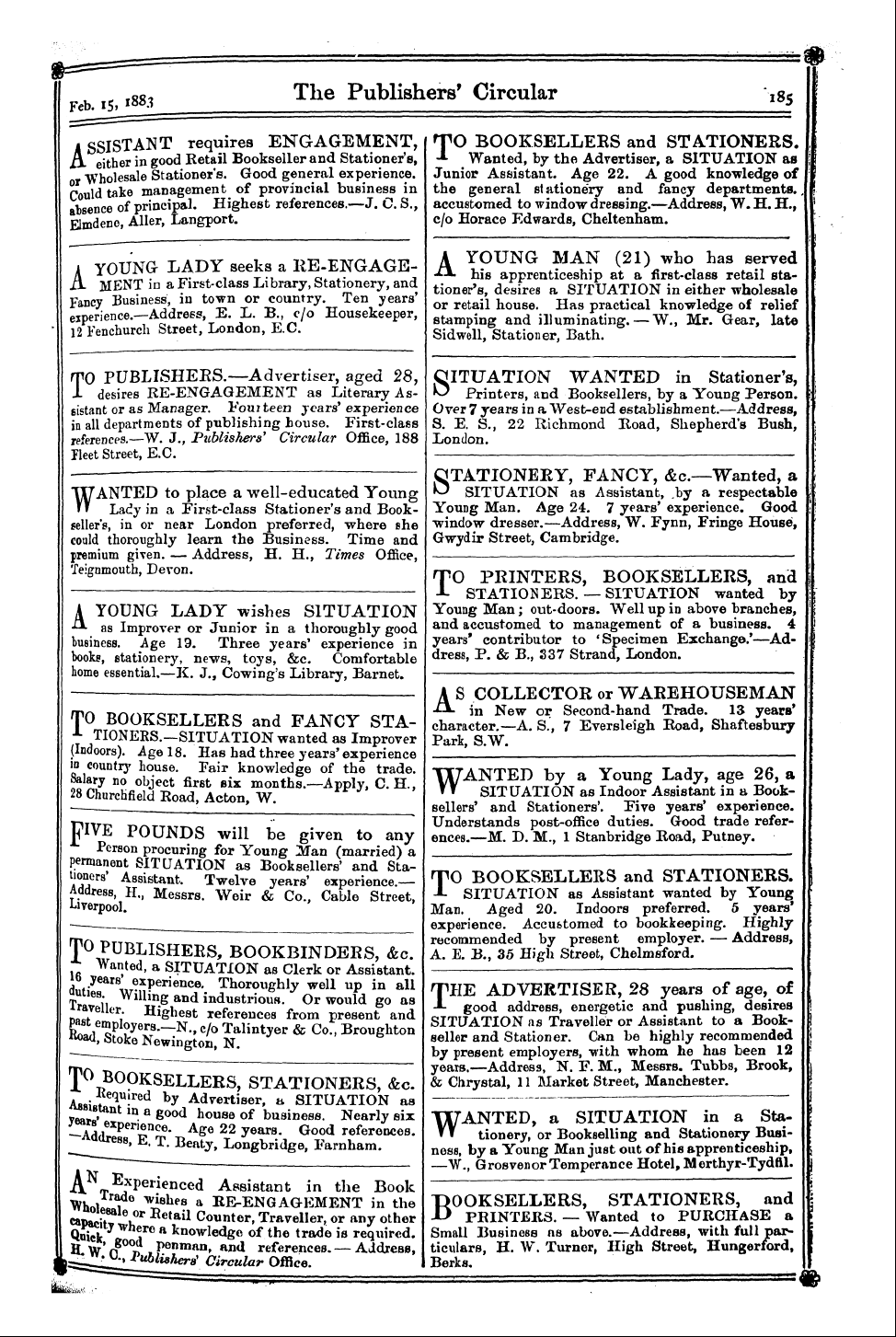 Publishers’ Circular (1880-1890): jS F Y, 1st edition - Ad04921