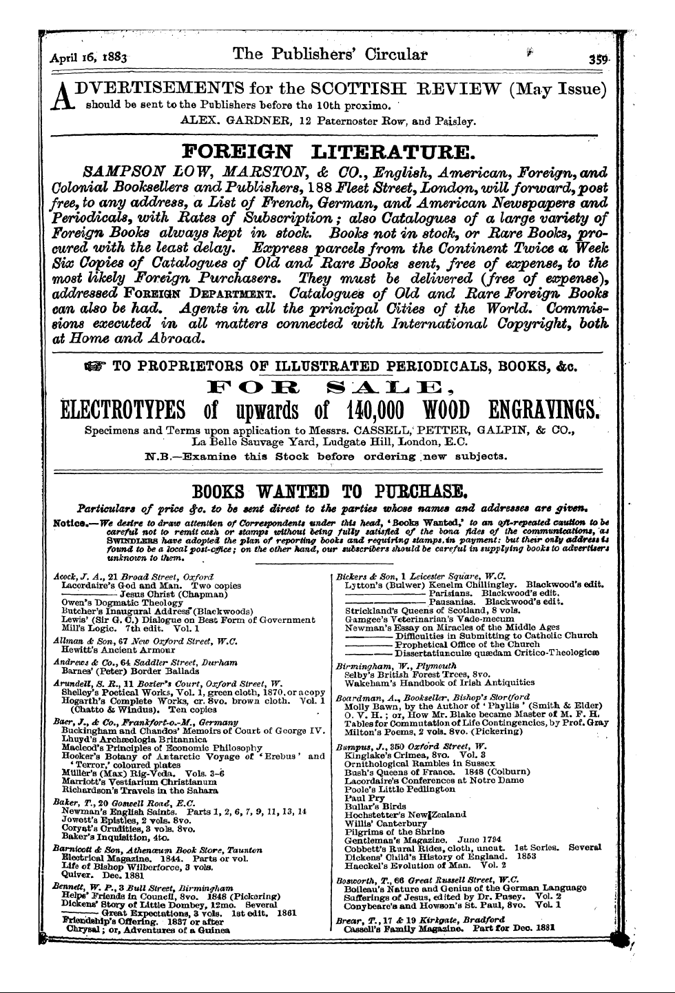 Publishers’ Circular (1880-1890): jS F Y, 1st edition - Ad03504