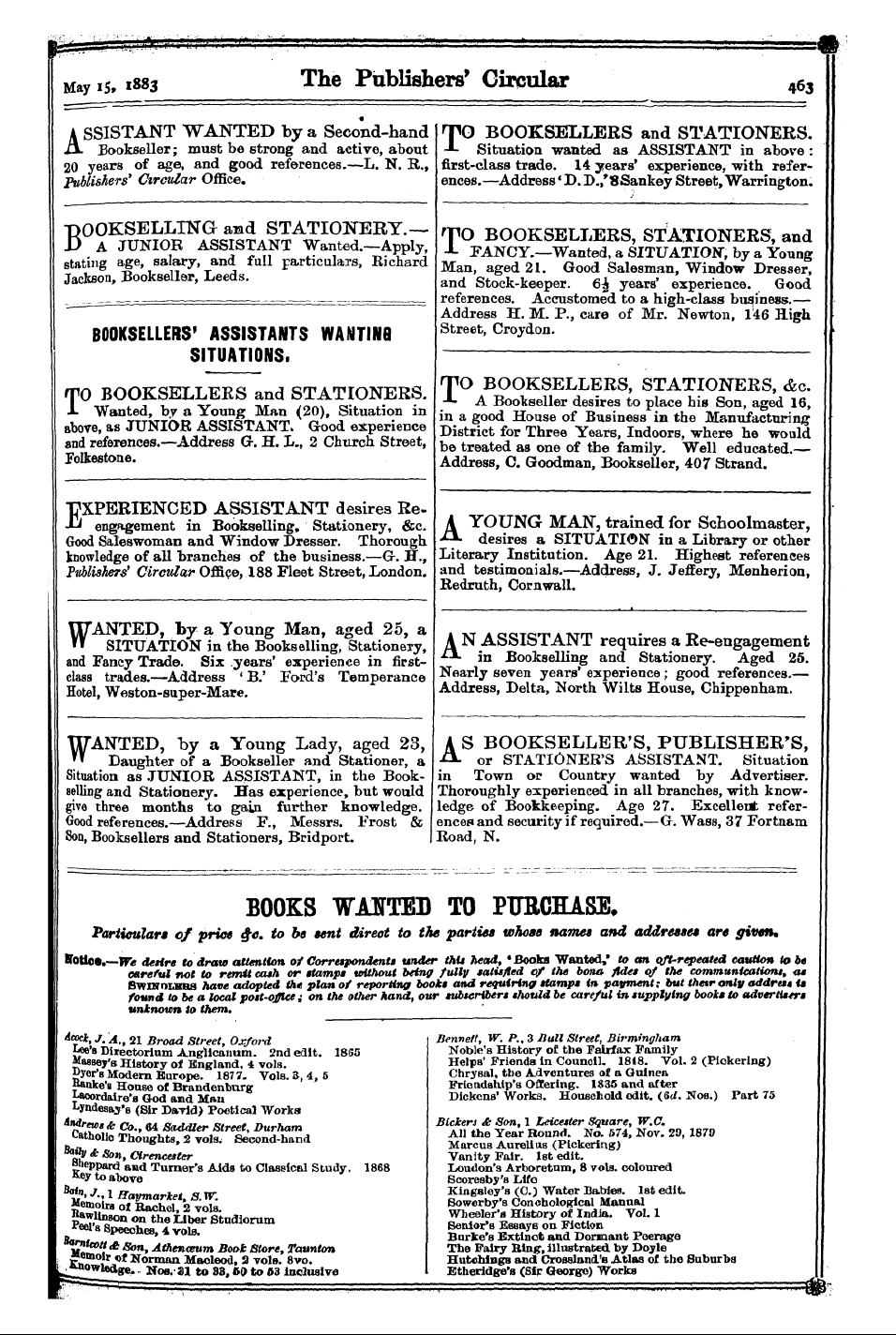 Publishers’ Circular (1880-1890): jS F Y, 1st edition - Ad04313
