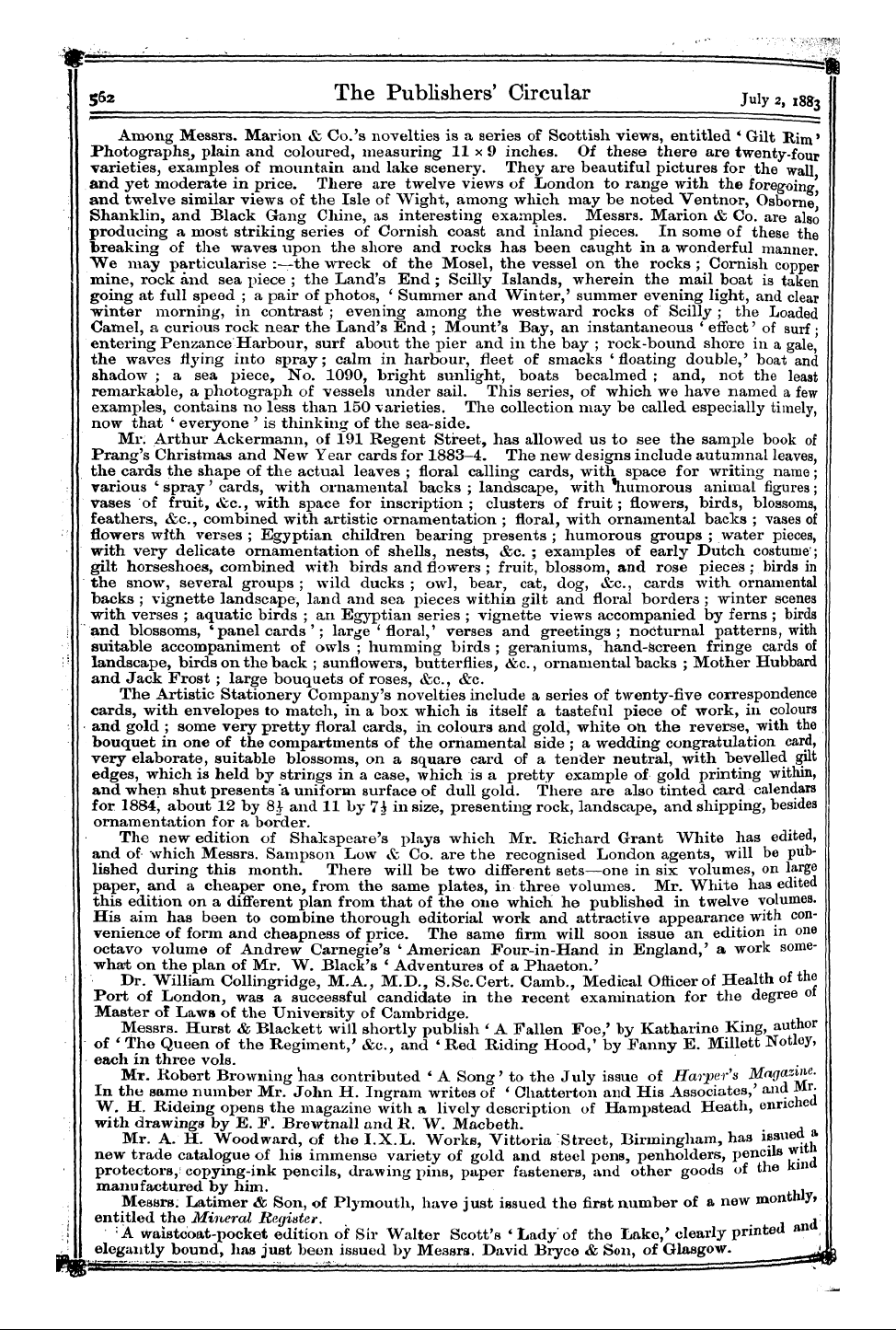 Publishers’ Circular (1880-1890): jS F Y, 1st edition - ••