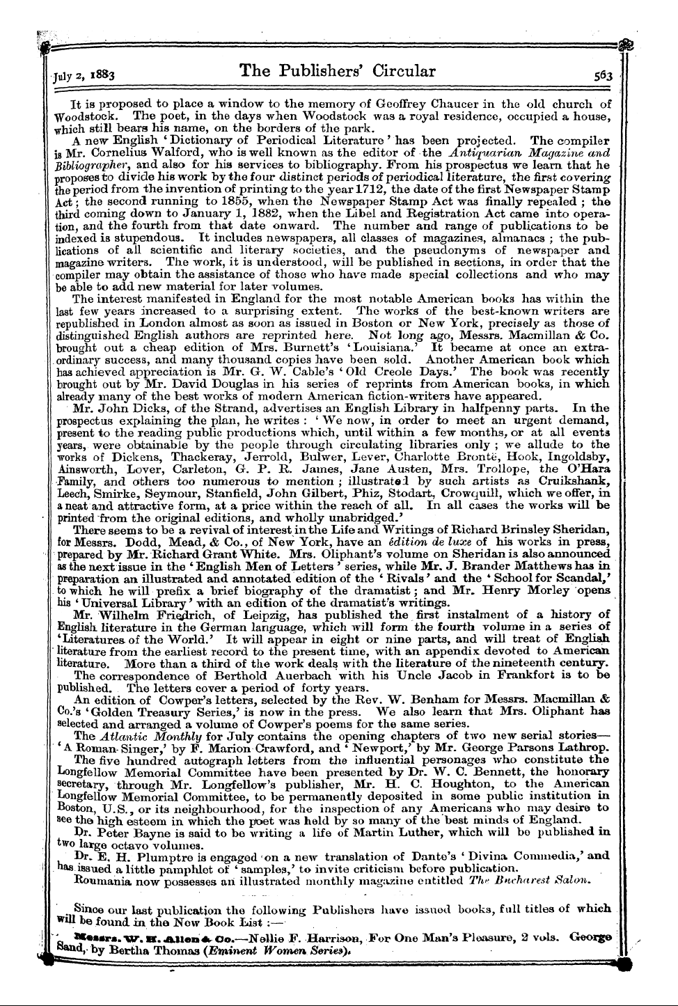 Publishers’ Circular (1880-1890): jS F Y, 1st edition - J Uly 2,1883 The Publishers' Circular 56...