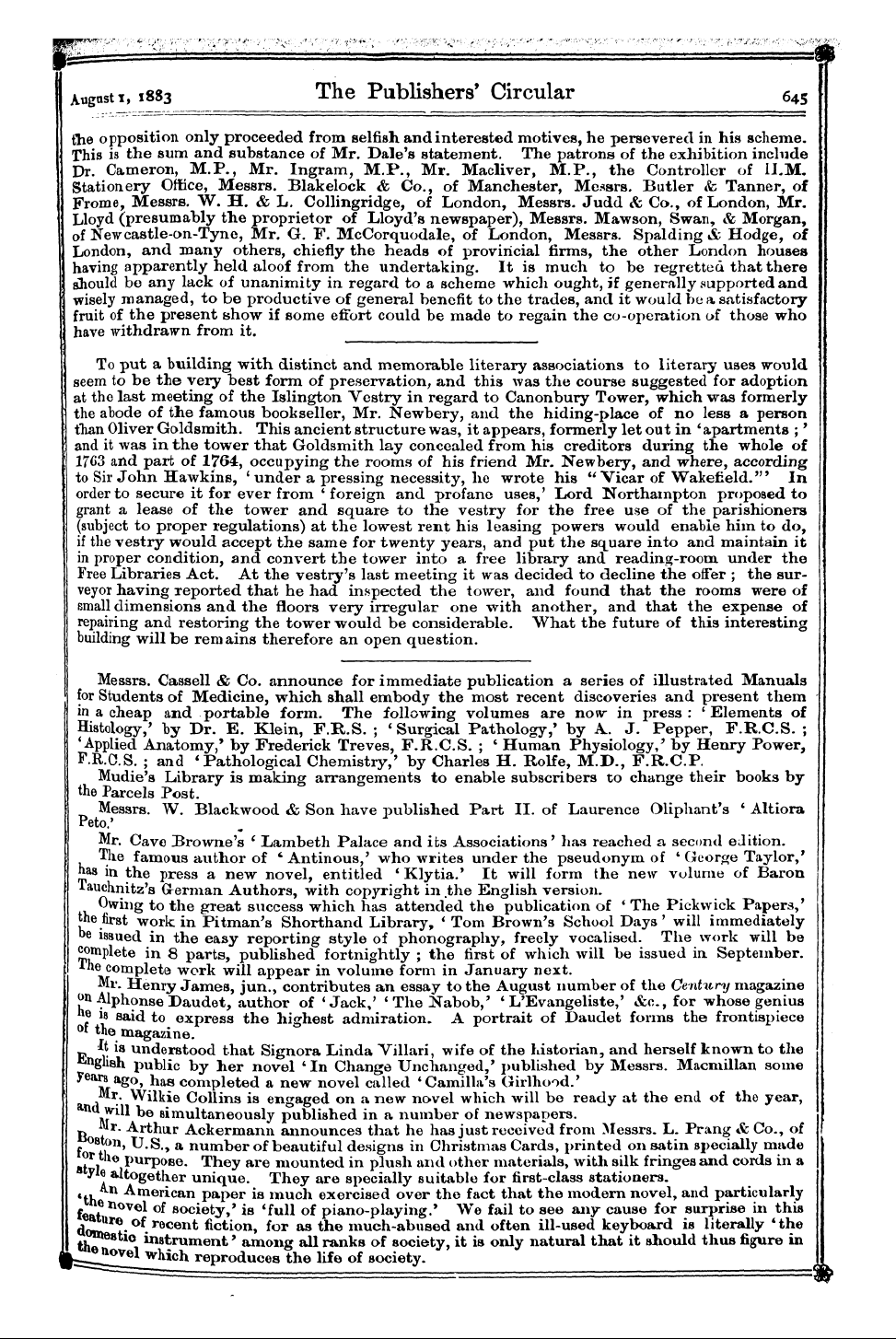 Publishers’ Circular (1880-1890): jS F Y, 1st edition - On Saturday There Was A Private View Of ...