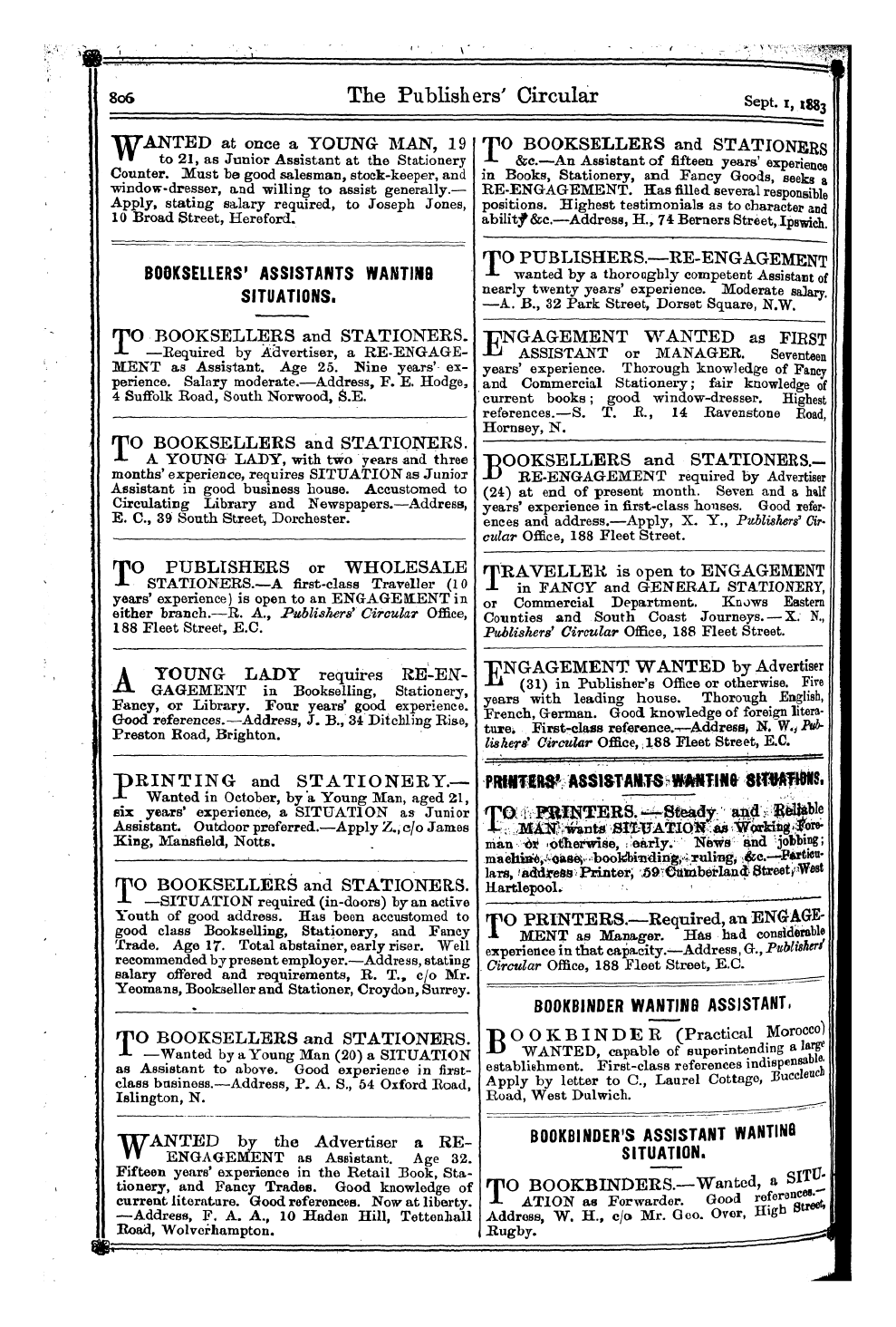 Publishers’ Circular (1880-1890): jS F Y, 1st edition - Bookbinder's Assistant Wantinb Situation.