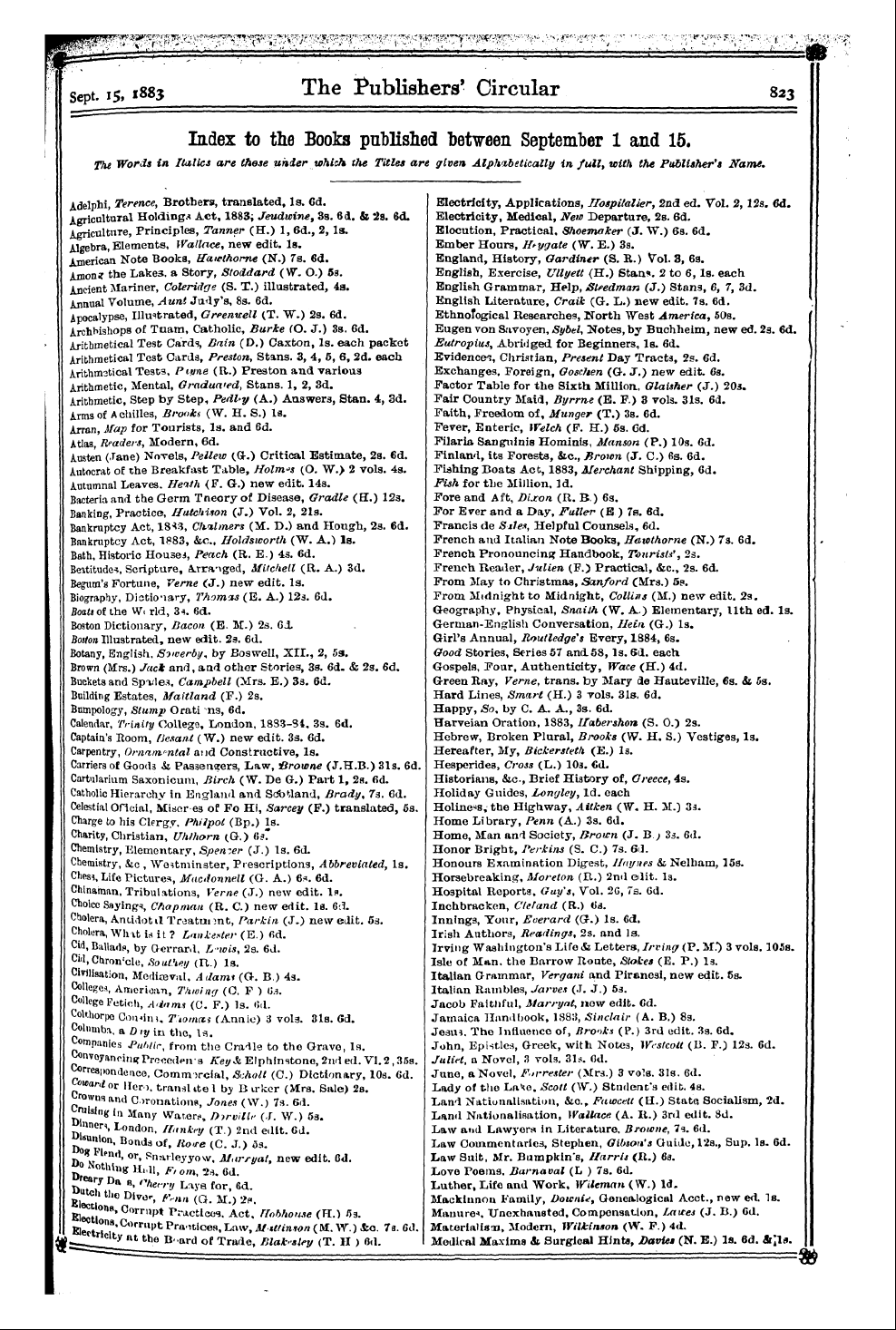 Publishers’ Circular (1880-1890): jS F Y, 1st edition - Adelphi, Terence, Brothers, Translated, ...