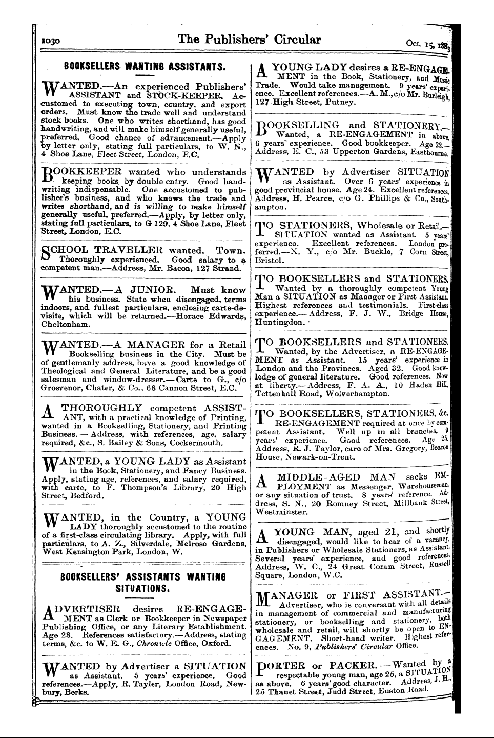 Publishers’ Circular (1880-1890): jS F Y, 1st edition - Ad04608