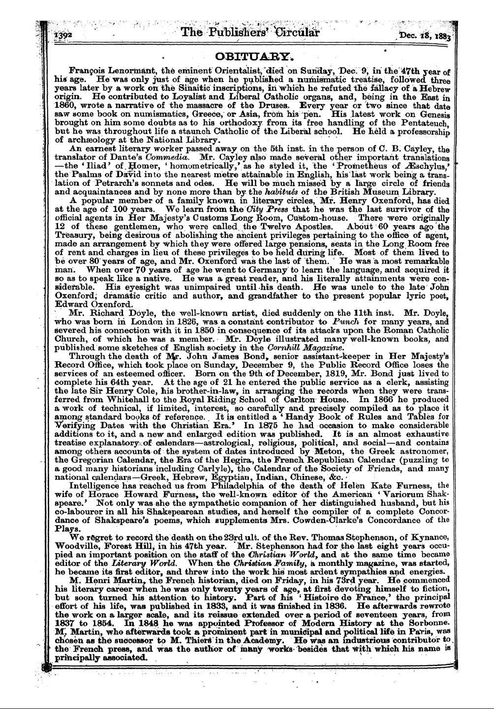 Publishers’ Circular (1880-1890): jS F Y, 1st edition - Obitoabtst. His Francois Age. He Lenorma...