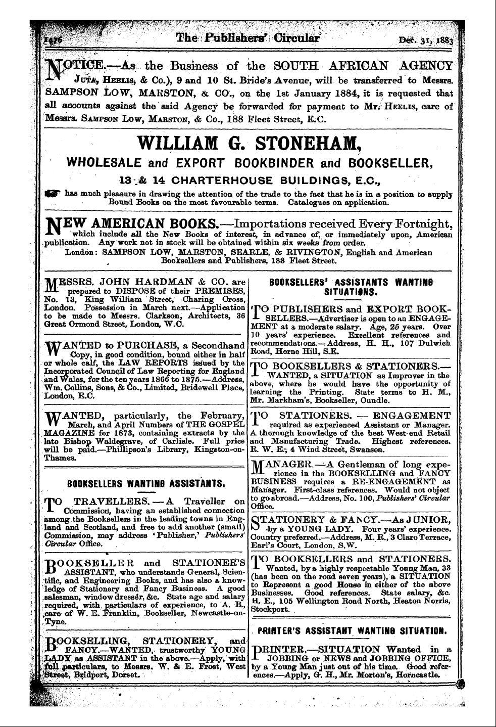 Publishers’ Circular (1880-1890): jS F Y, 1st edition - Ad04816