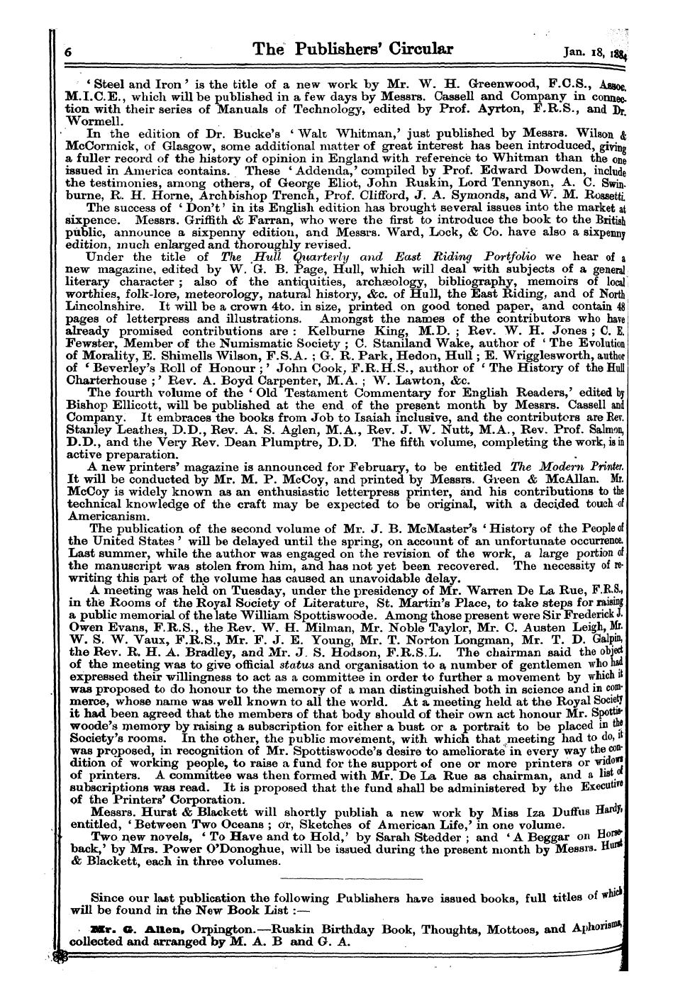 Publishers’ Circular (1880-1890): jS F Y, 1st edition - 6 The Publishers 1 Circular Jan. I8, ^.