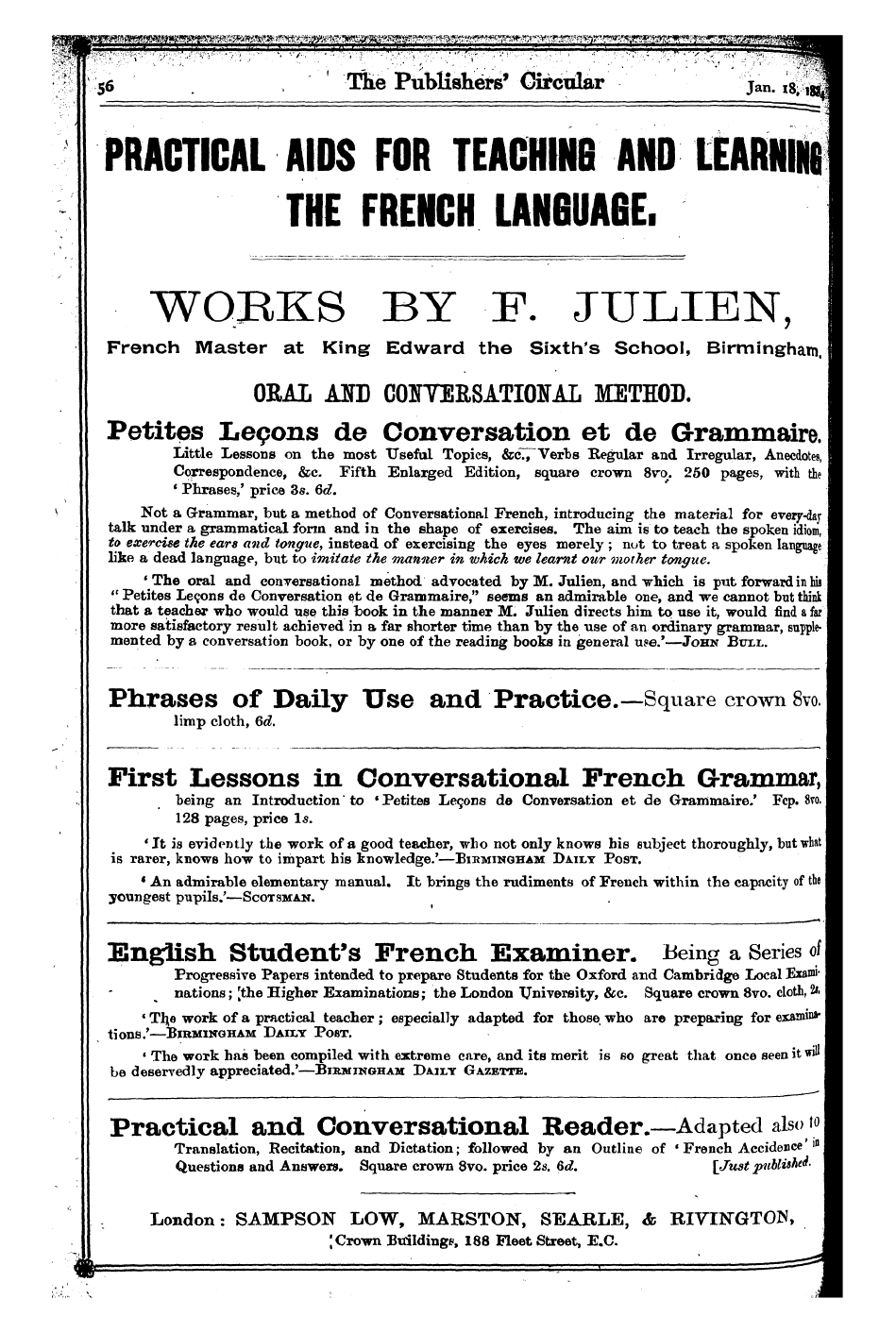 Publishers’ Circular (1880-1890): jS F Y, 1st edition - Ad05601