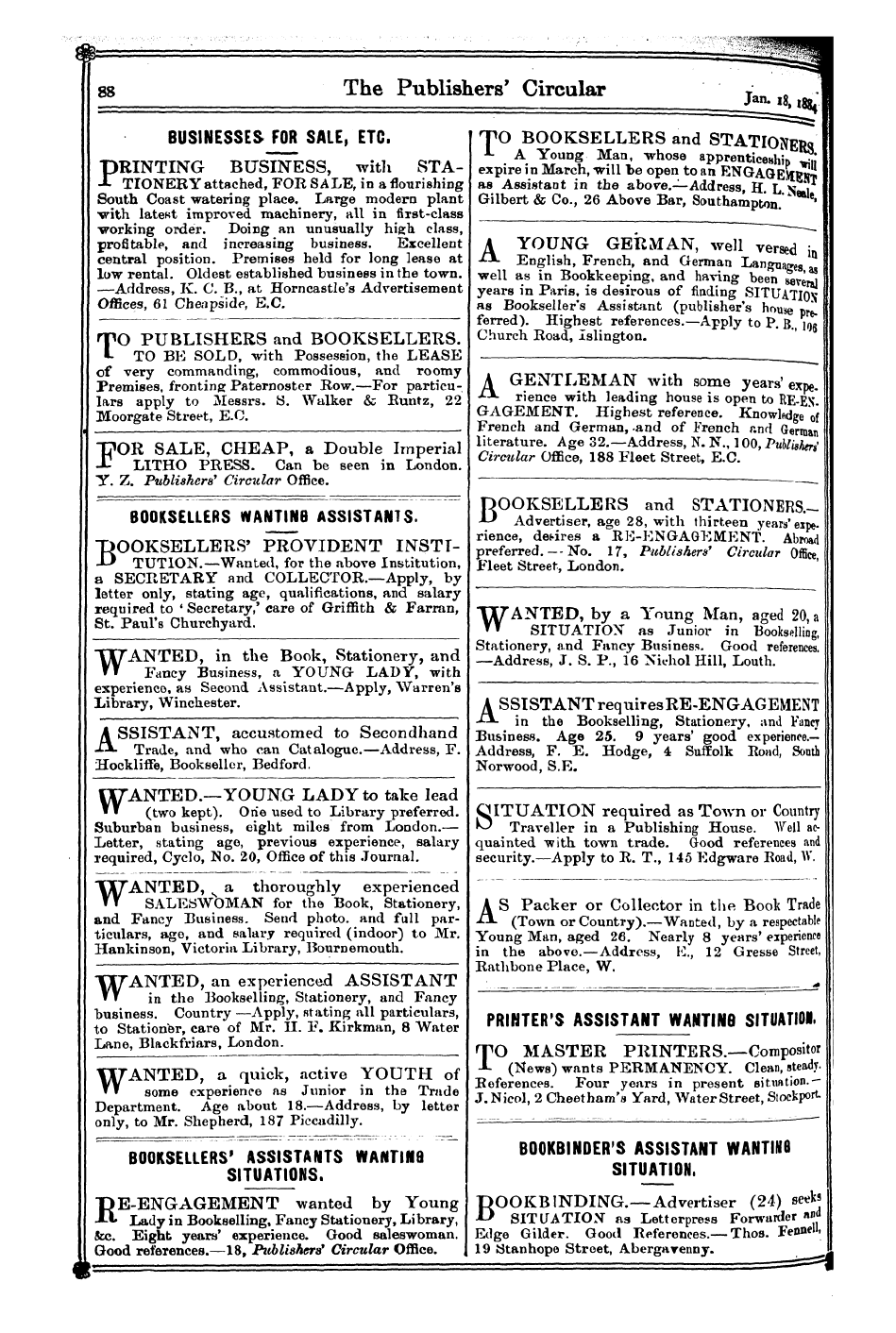 Publishers’ Circular (1880-1890): jS F Y, 1st edition - Businesses For Sale, Etc.