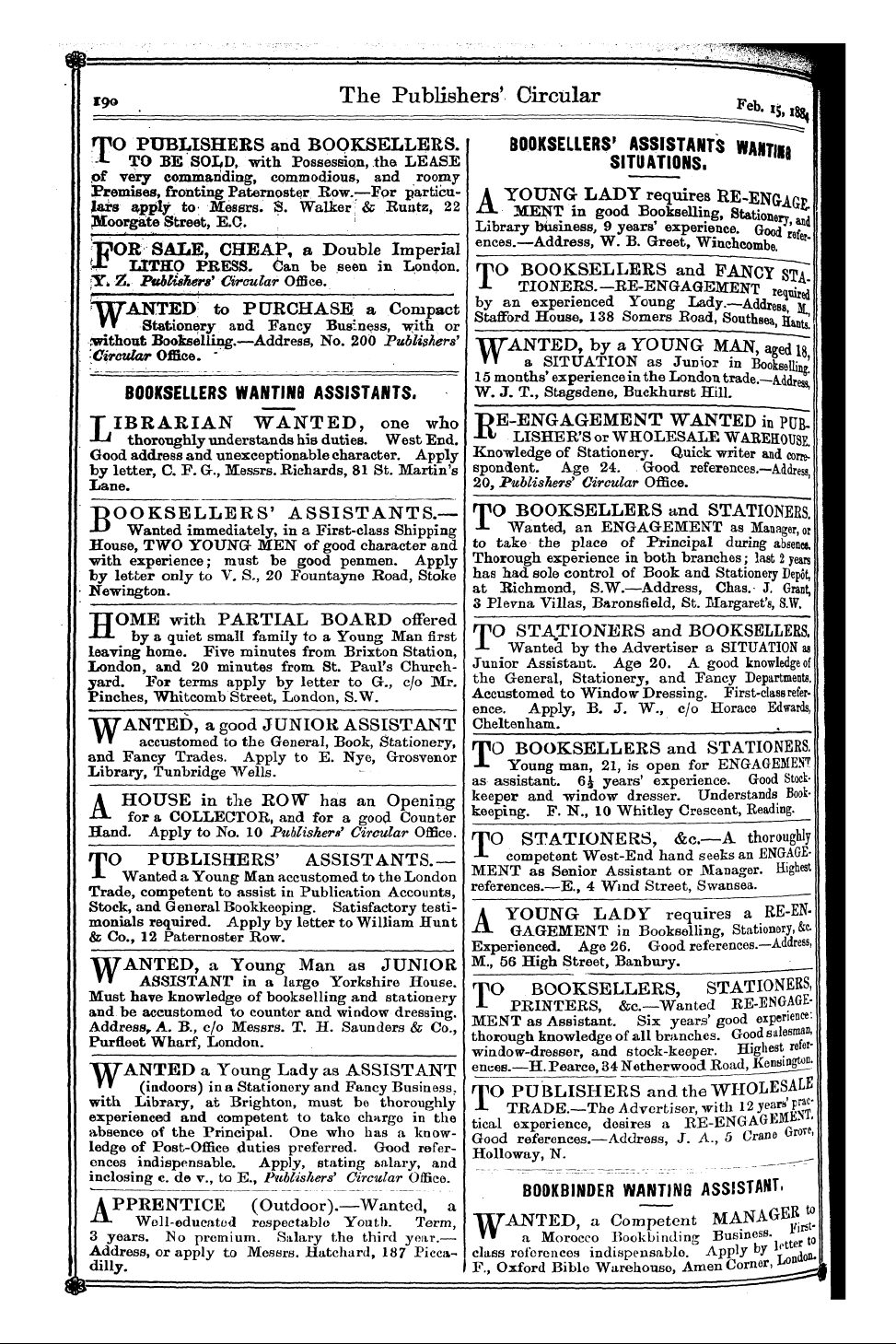 Publishers’ Circular (1880-1890): jS F Y, 1st edition - Bookbinder Wanting Assistant,