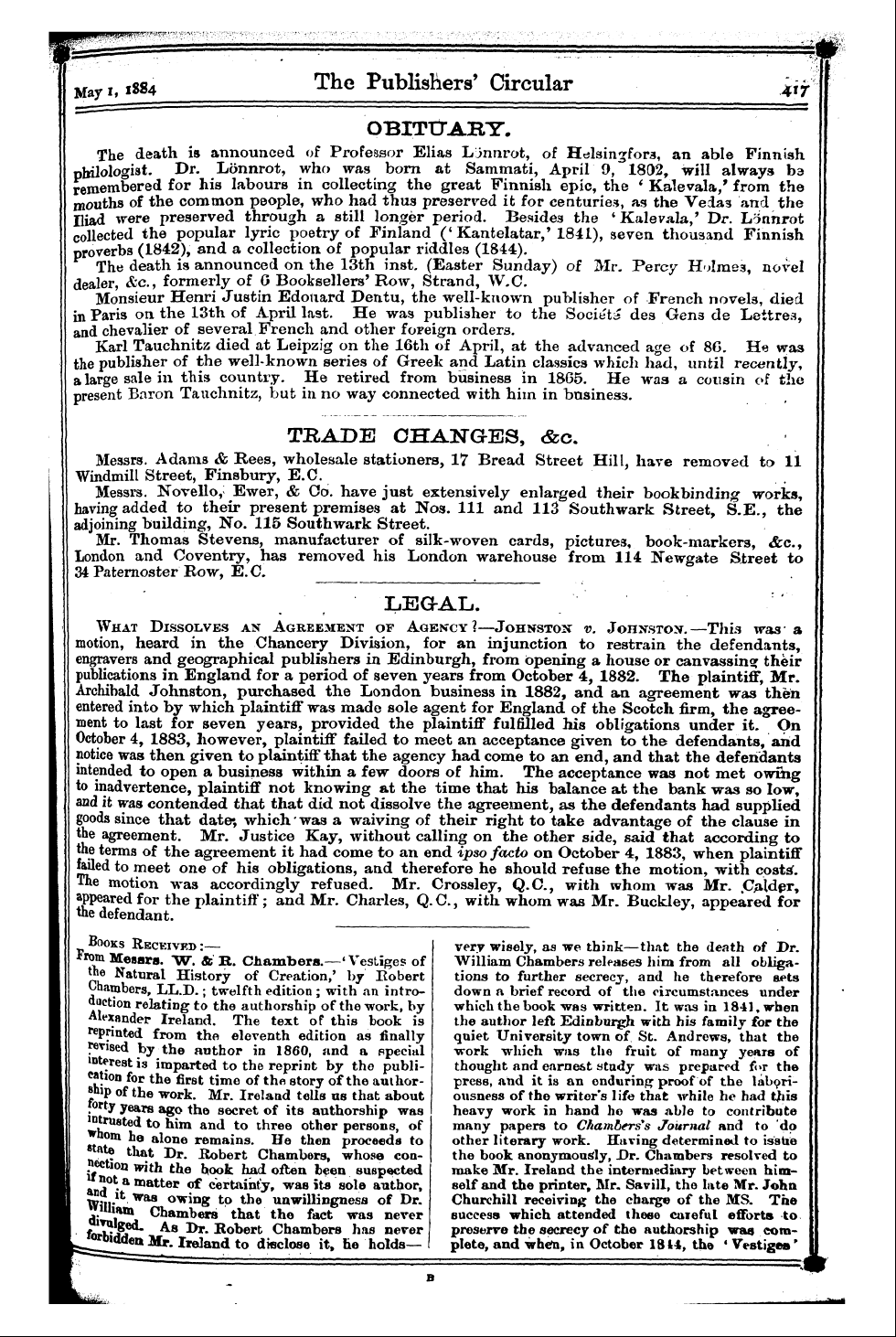 Publishers’ Circular (1880-1890): jS F Y, 1st edition - Obitttahy. The Death Is Announced Lonnro...