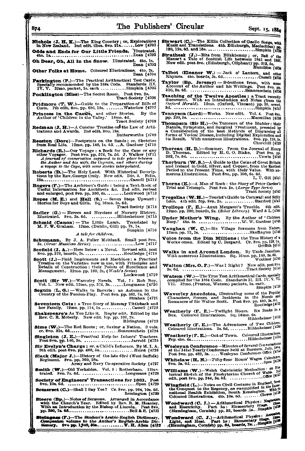 Publishers’ Circular (1880-1890): jS F Y, 1st edition - 874 The Publishers' Circular Sq>T. , S% ...