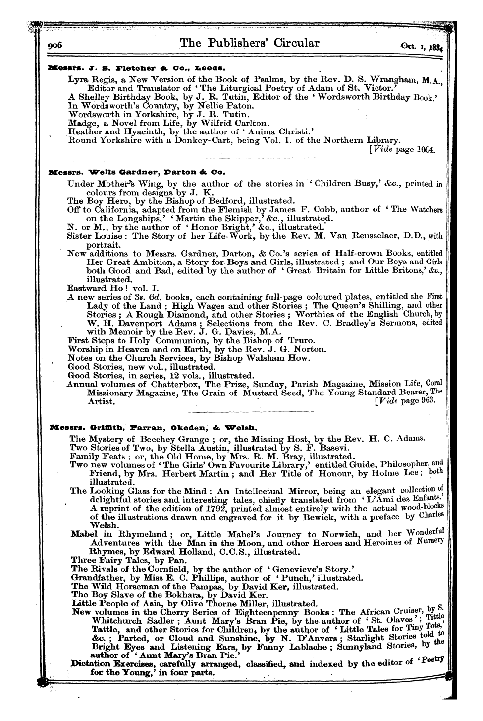 Publishers’ Circular (1880-1890): jS F Y, 1st edition - Messrs. "Wells Gardner, Barton & Co. I U...