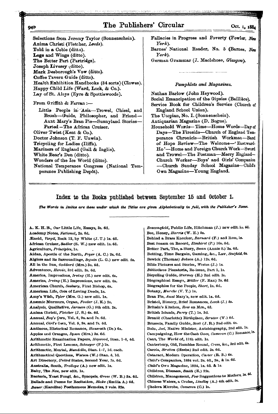 Publishers’ Circular (1880-1890): jS F Y, 1st edition - Index To The Books Published Between September 15 And October 1. The Words In Italics Are These Under Which The Titles Are Given Alphabetically In Fully With The Publisher's Fame.